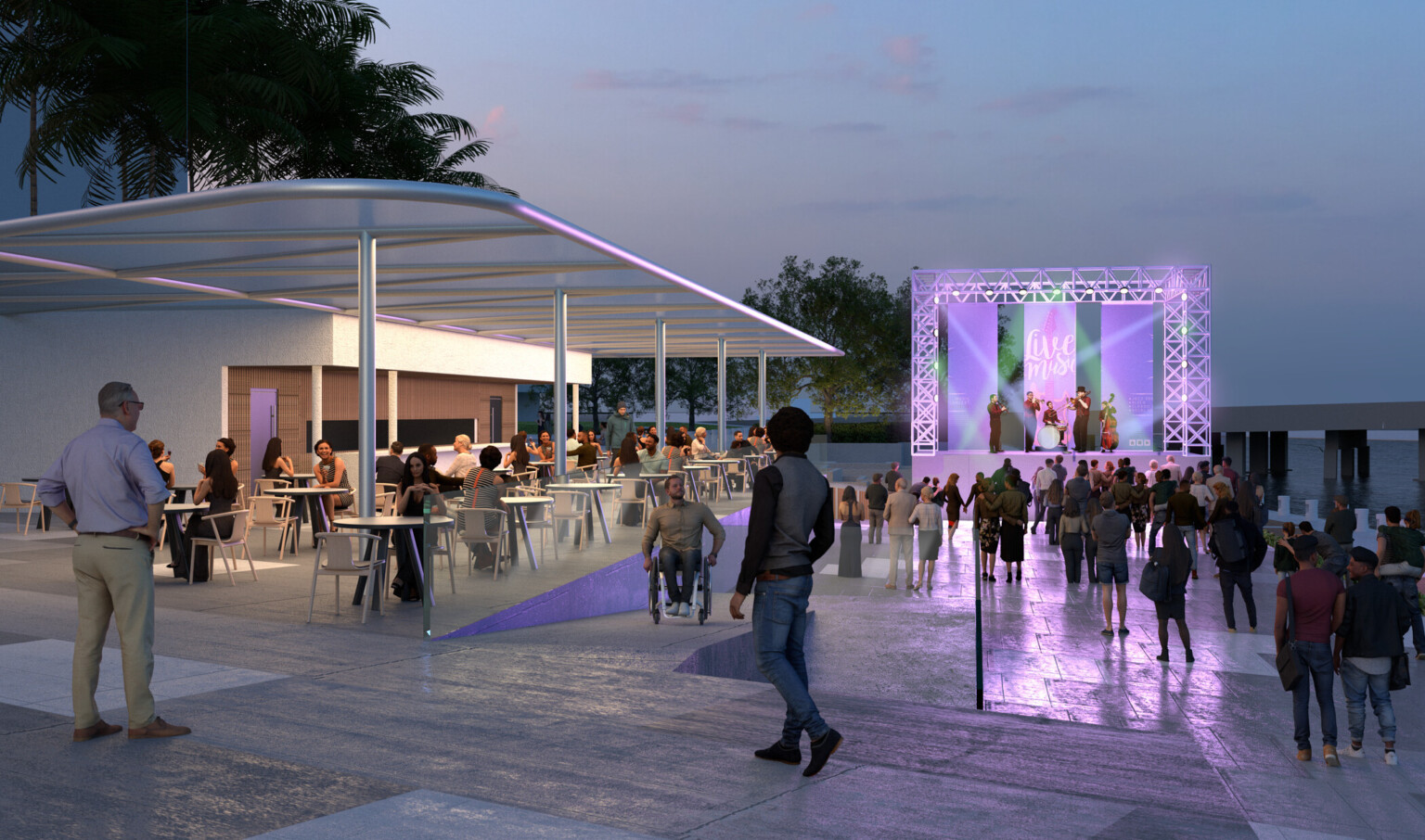live music area exterior rendering of the David A. Straz Jr. Center for the Performing Arts; modern white overhang; colored lights from stage make a lively concert space for enjoying and gathering