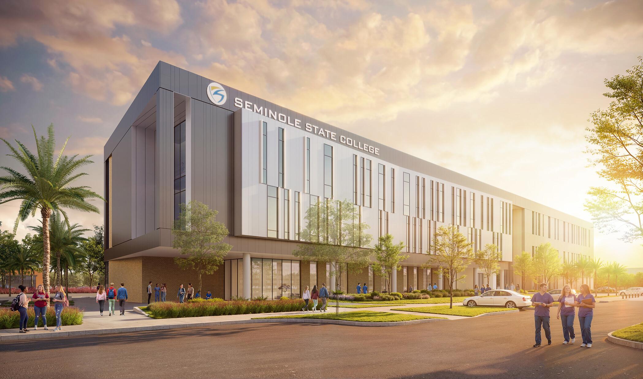 architectural rendering of a modern building with small greenscape in the foreground; sun setting in the background