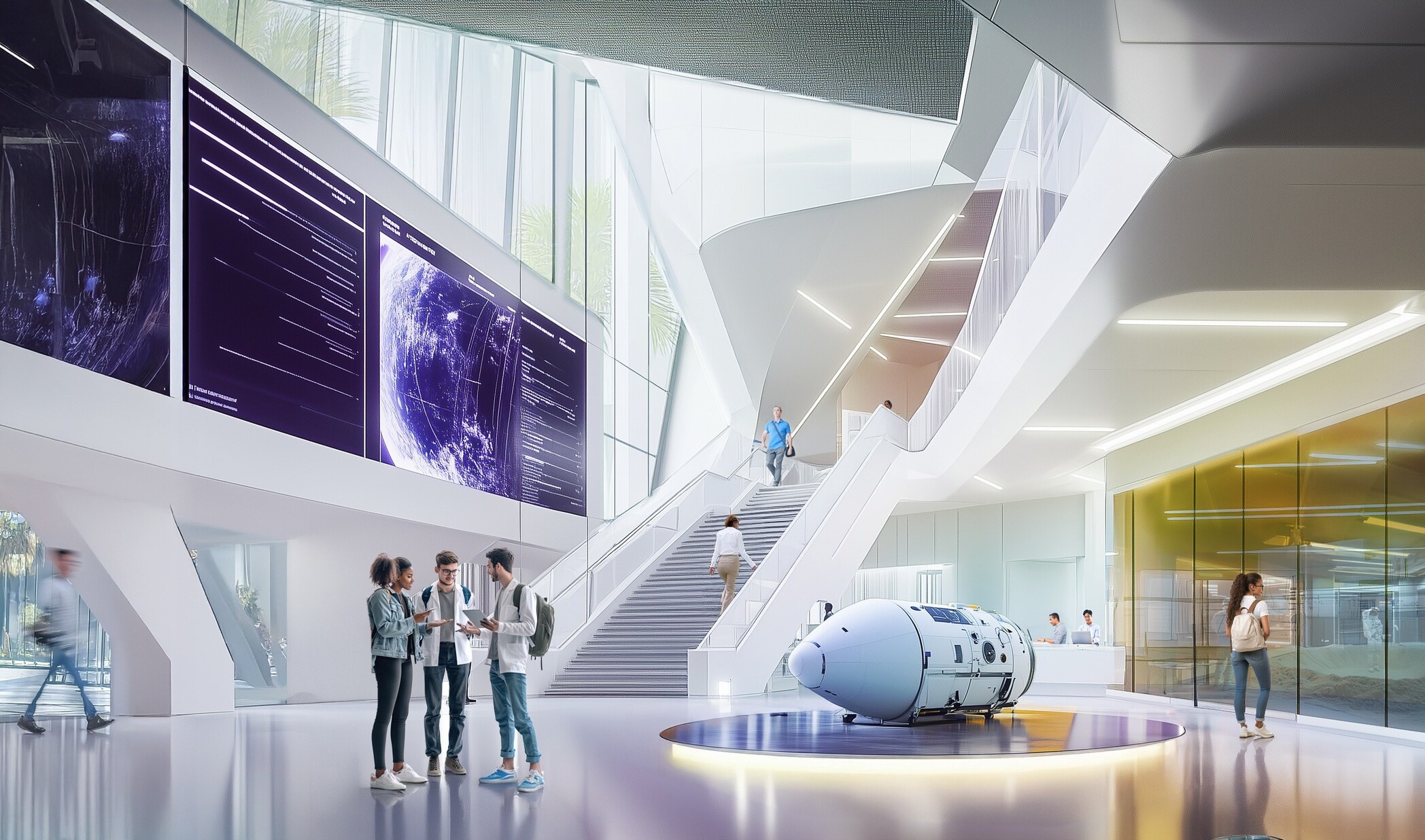 Atrium lobby with grand staircase, glass walls, digital displays, and space capsule exhibit