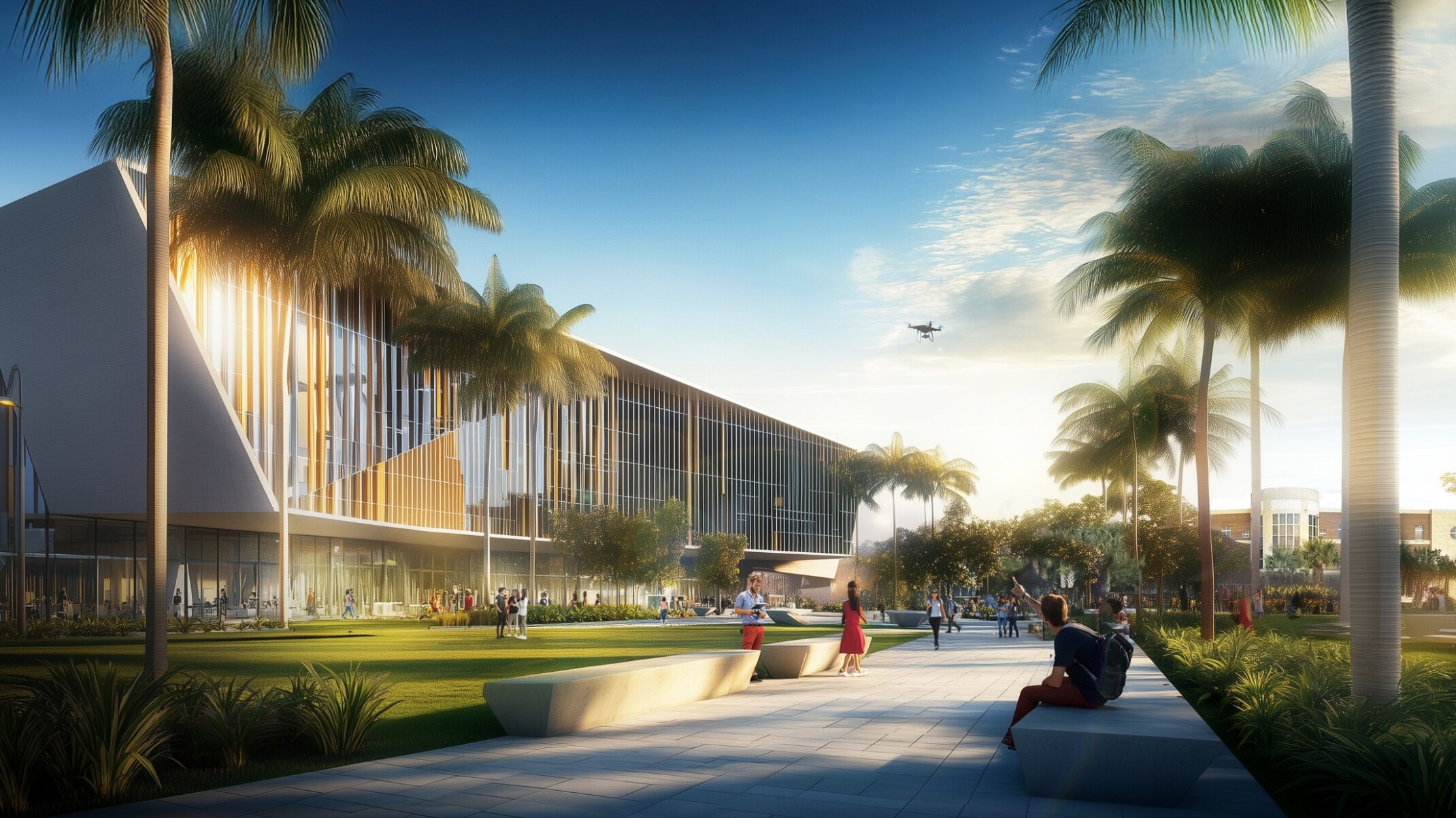 Rendering of glass-front academic building, palm-lined promenade, campus green, and drone
