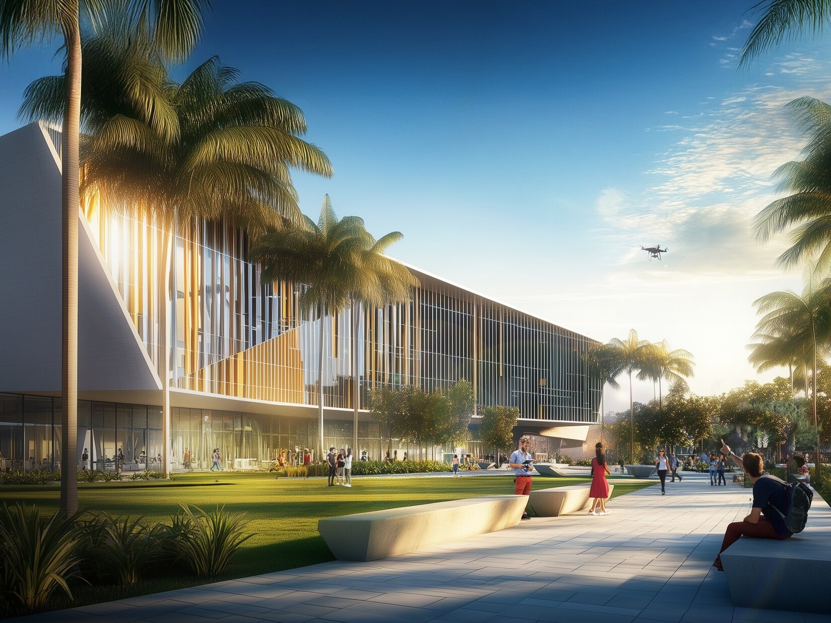 Rendering of glass-front academic building, palm-lined promenade, campus green, and drone