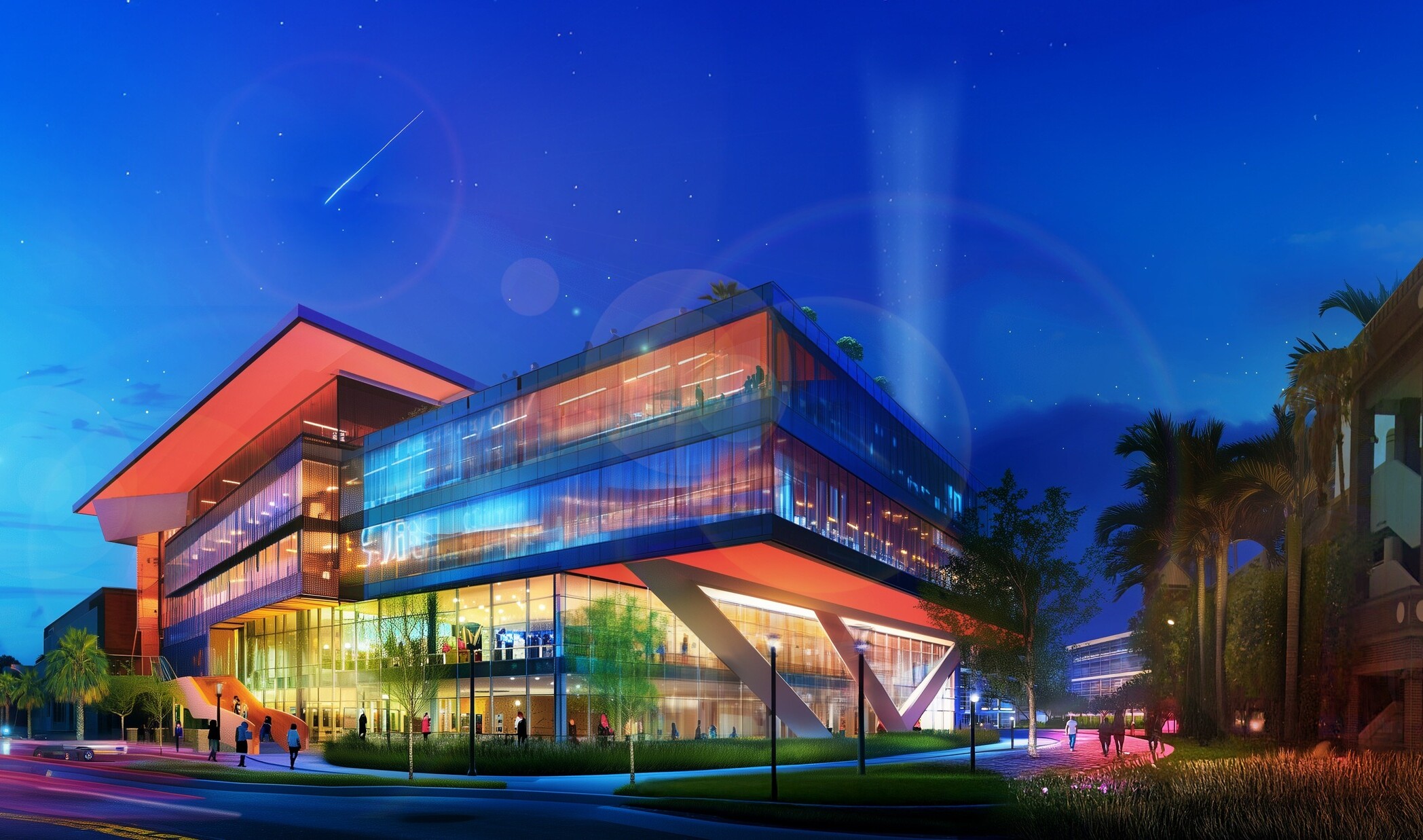 Dusk rendering of cantilevered glass research hub with colorful lighting and palm-lined paths