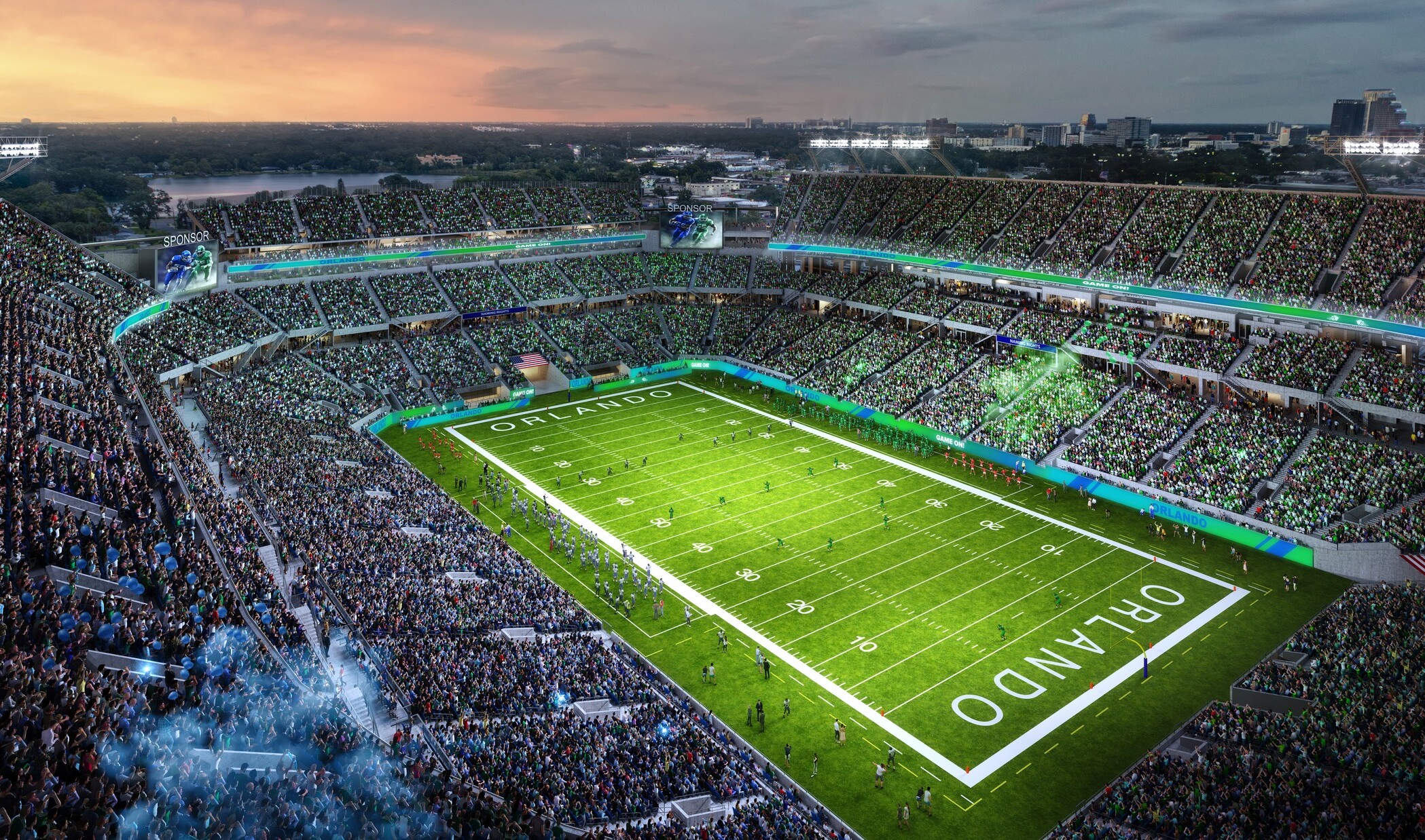 Aerial view of a packed football stadium at sunset with a bright green field marked “Orlando” in the end zone