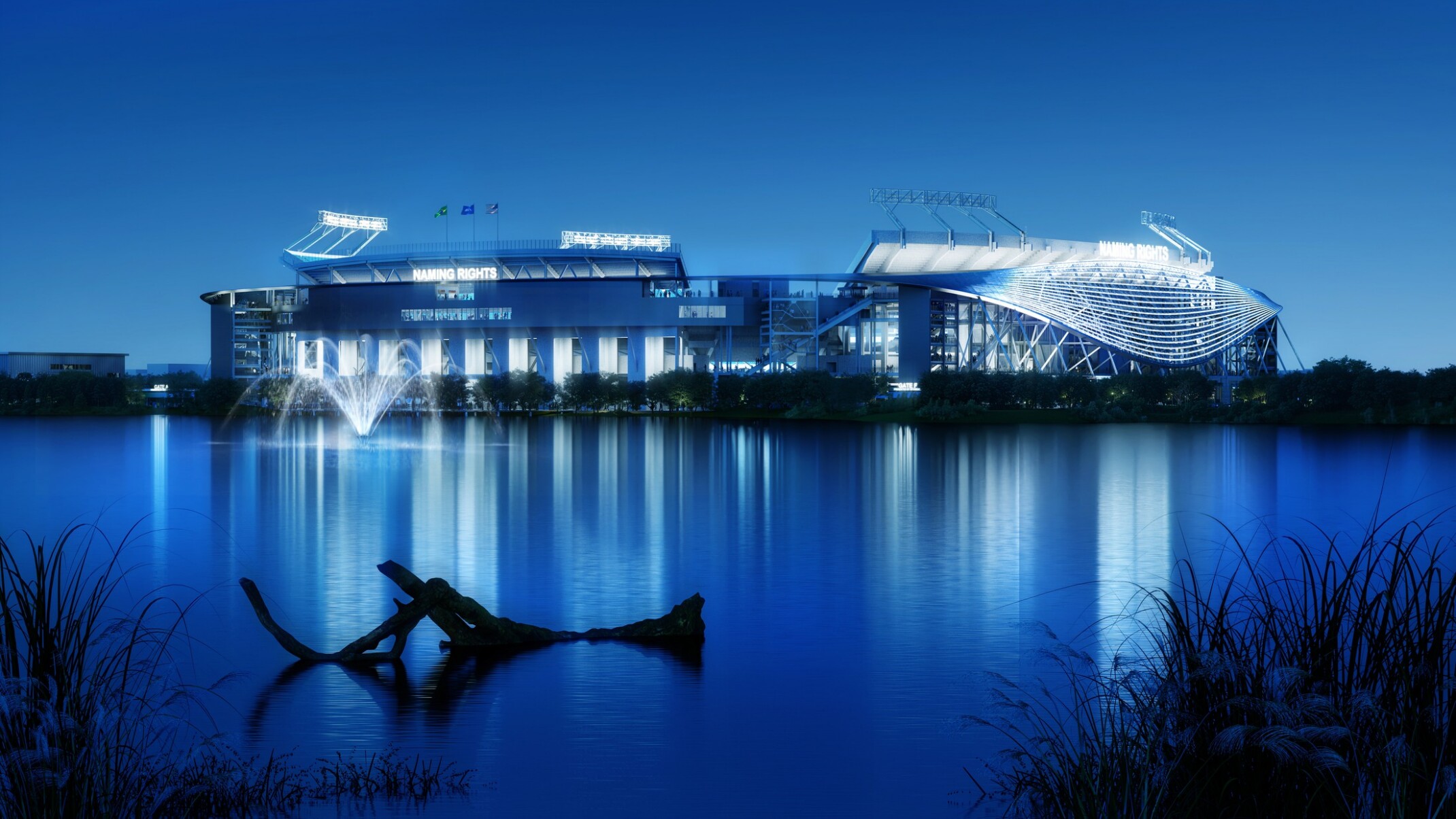 Illuminated sports stadium beside a calm lake at dusk, glowing in blue and white lights. The stadium’s reflection stretches across the water, while a piece of driftwood and tall reeds appear in the dark foreground.