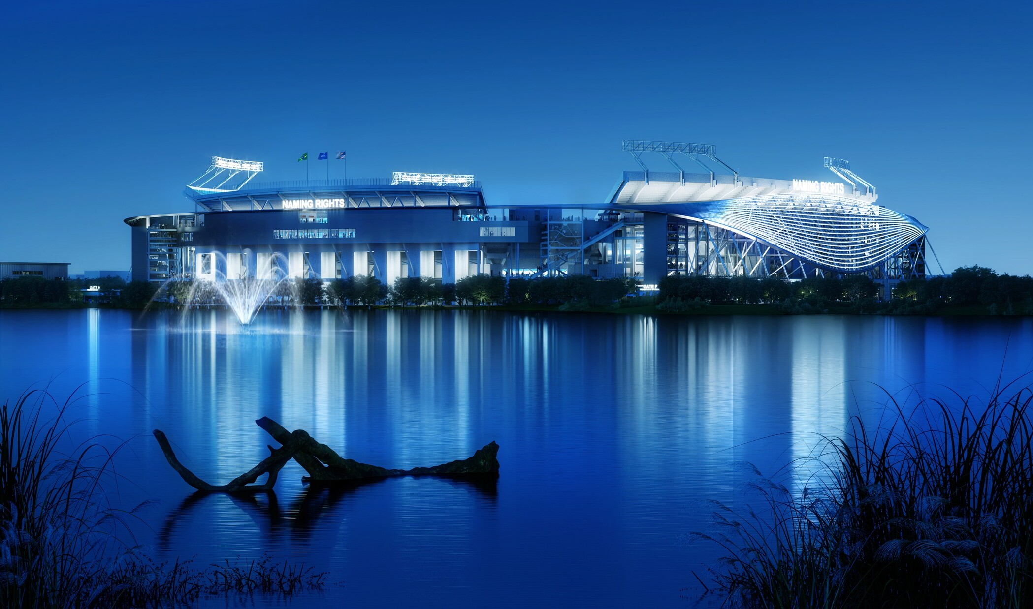 Illuminated sports stadium beside a calm lake at dusk, glowing in blue and white lights. The stadium’s reflection stretches across the water, while a piece of driftwood and tall reeds appear in the dark foreground.