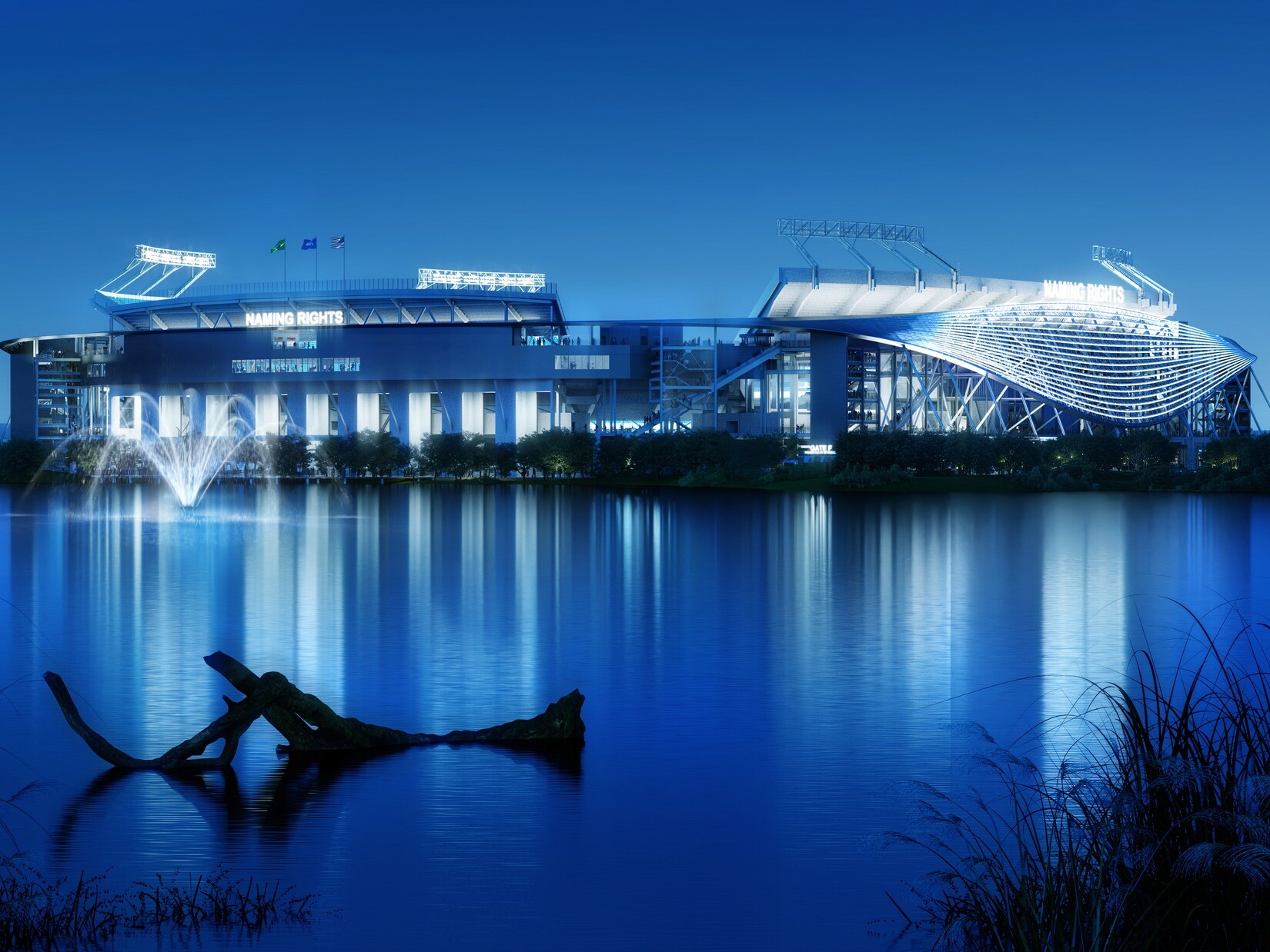 Illuminated sports stadium beside a calm lake at dusk, glowing in blue and white lights. The stadium’s reflection stretches across the water, while a piece of driftwood and tall reeds appear in the dark foreground.