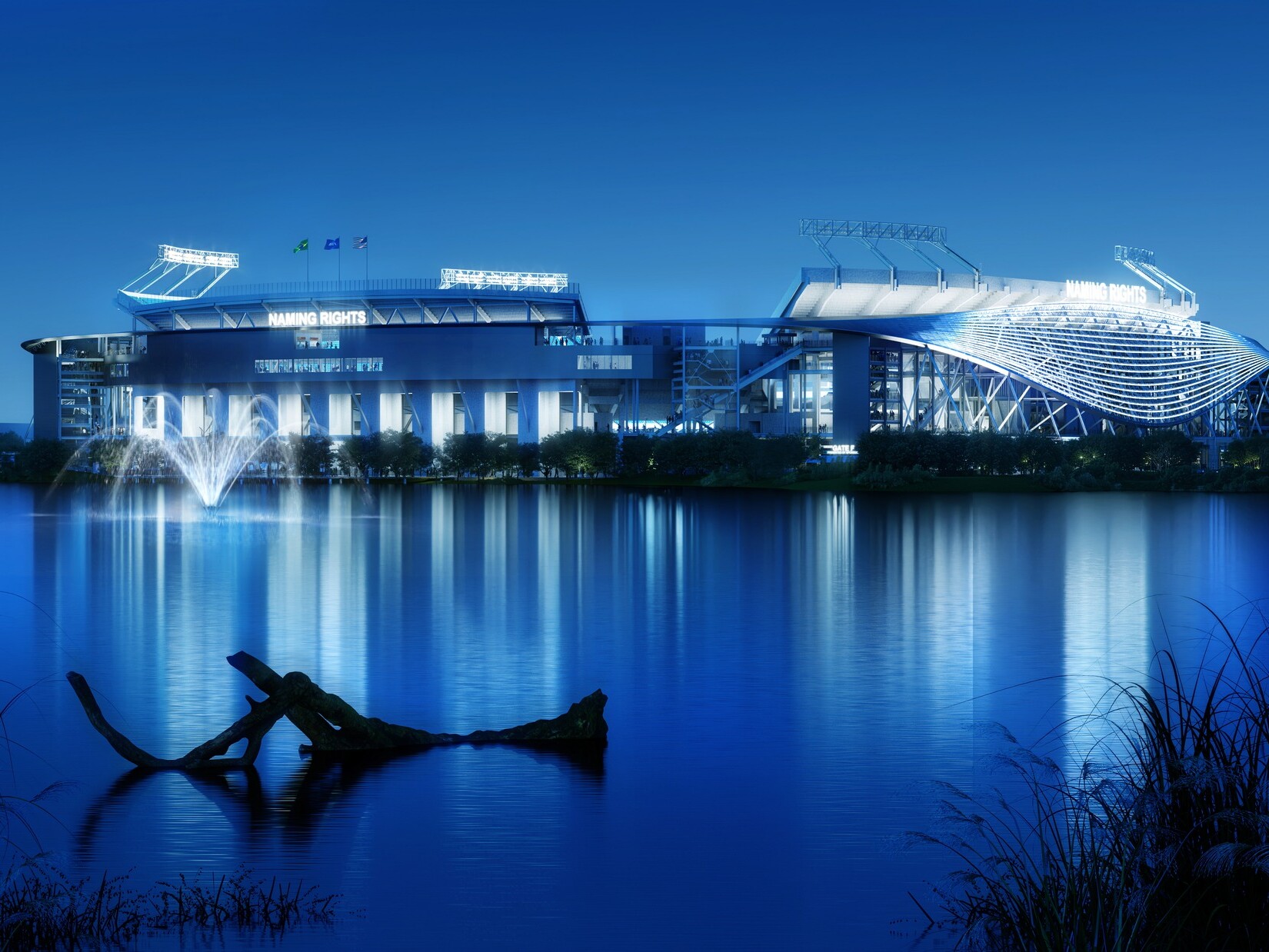 Illuminated sports stadium beside a calm lake at dusk, glowing in blue and white lights. The stadium’s reflection stretches across the water, while a piece of driftwood and tall reeds appear in the dark foreground.