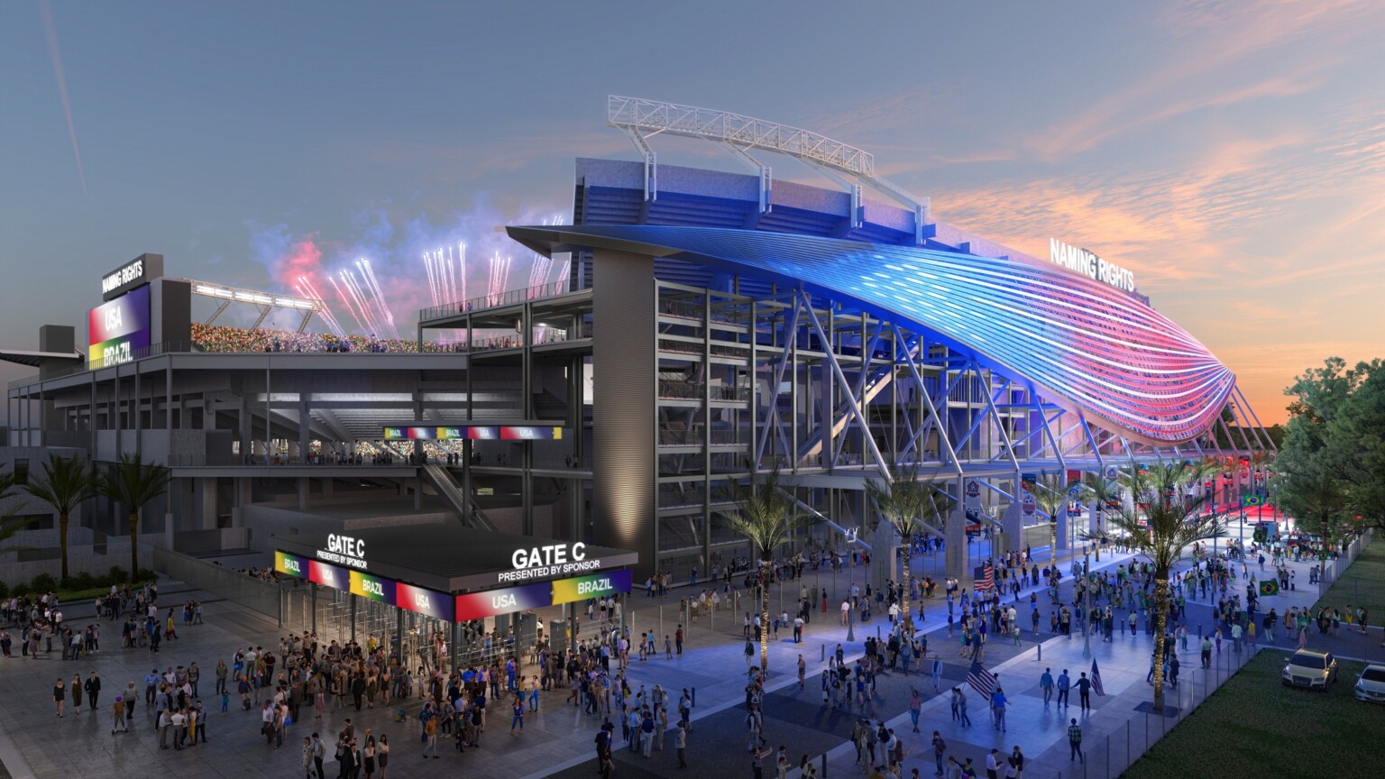 Exterior view of a modern stadium entrance at sunset, featuring a flowing, wave-like facade illuminated in blue and pink lighting. Large crowds of people gather outside near entrances