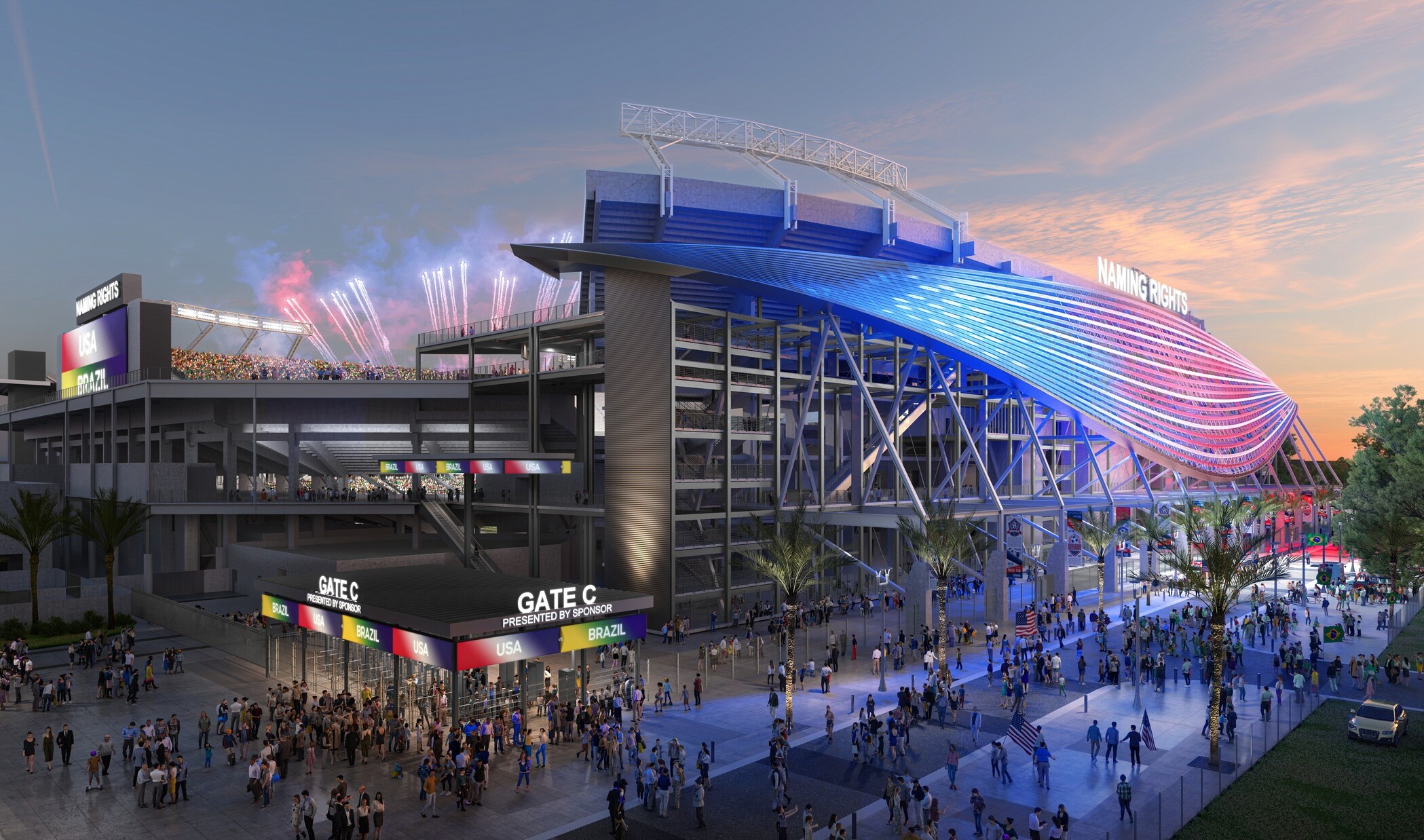 Exterior view of a modern stadium entrance at sunset, featuring a flowing, wave-like facade illuminated in blue and pink lighting. Large crowds of people gather outside near entrances