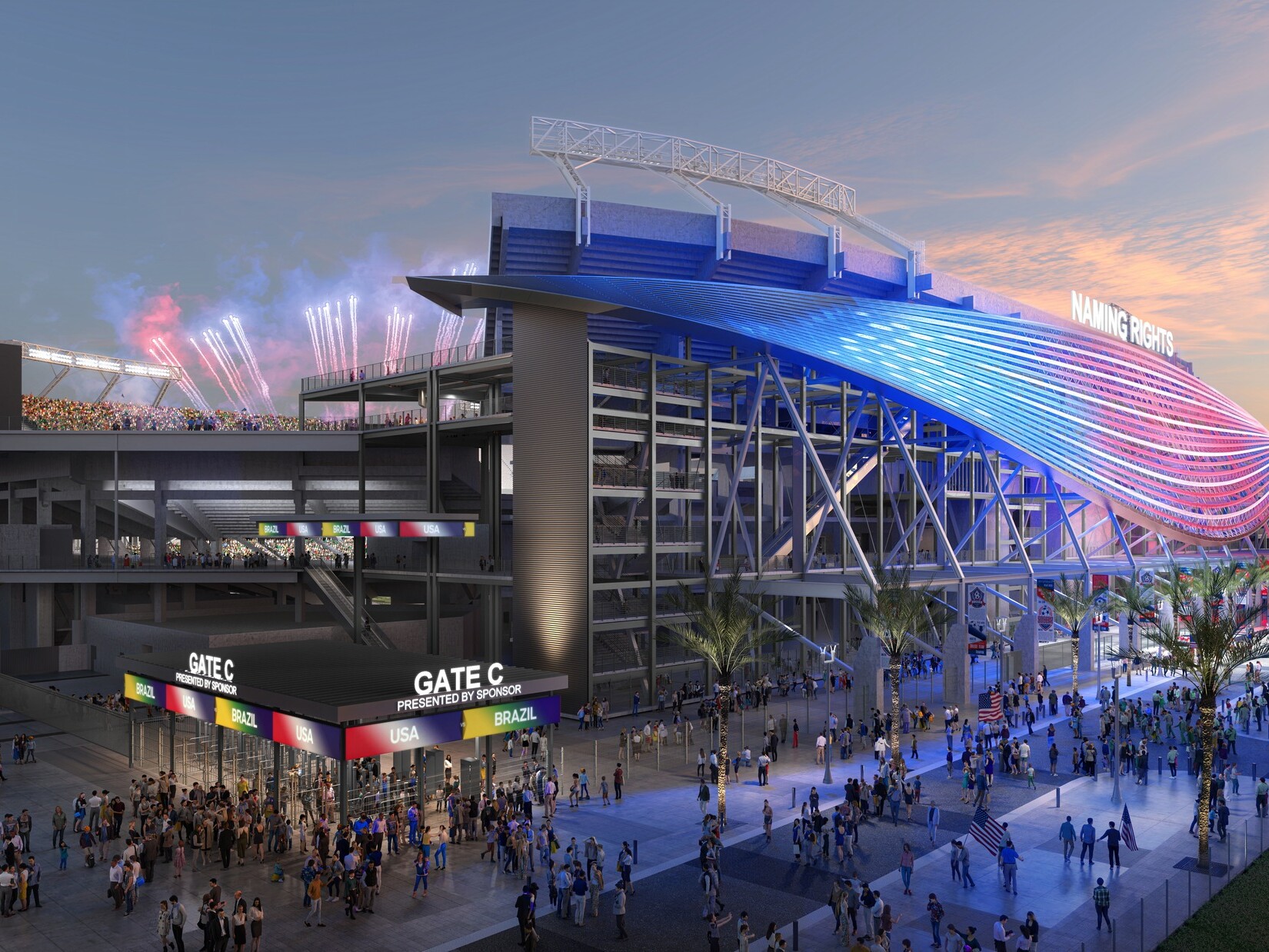Exterior view of a modern stadium entrance at sunset, featuring a flowing, wave-like facade illuminated in blue and pink lighting. Large crowds of people gather outside near entrances