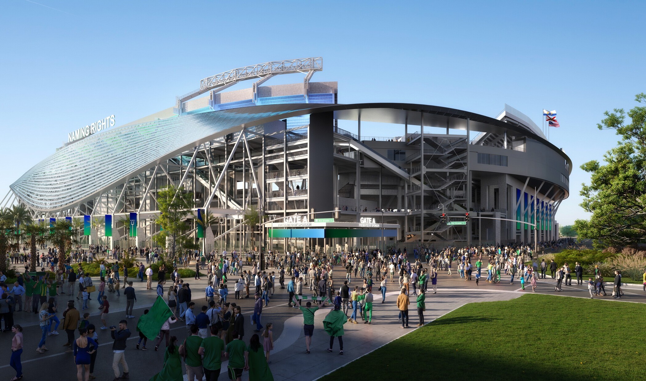 Daytime exterior view of the same stadium from a different angle, showing its curved roof and exposed structural framework.