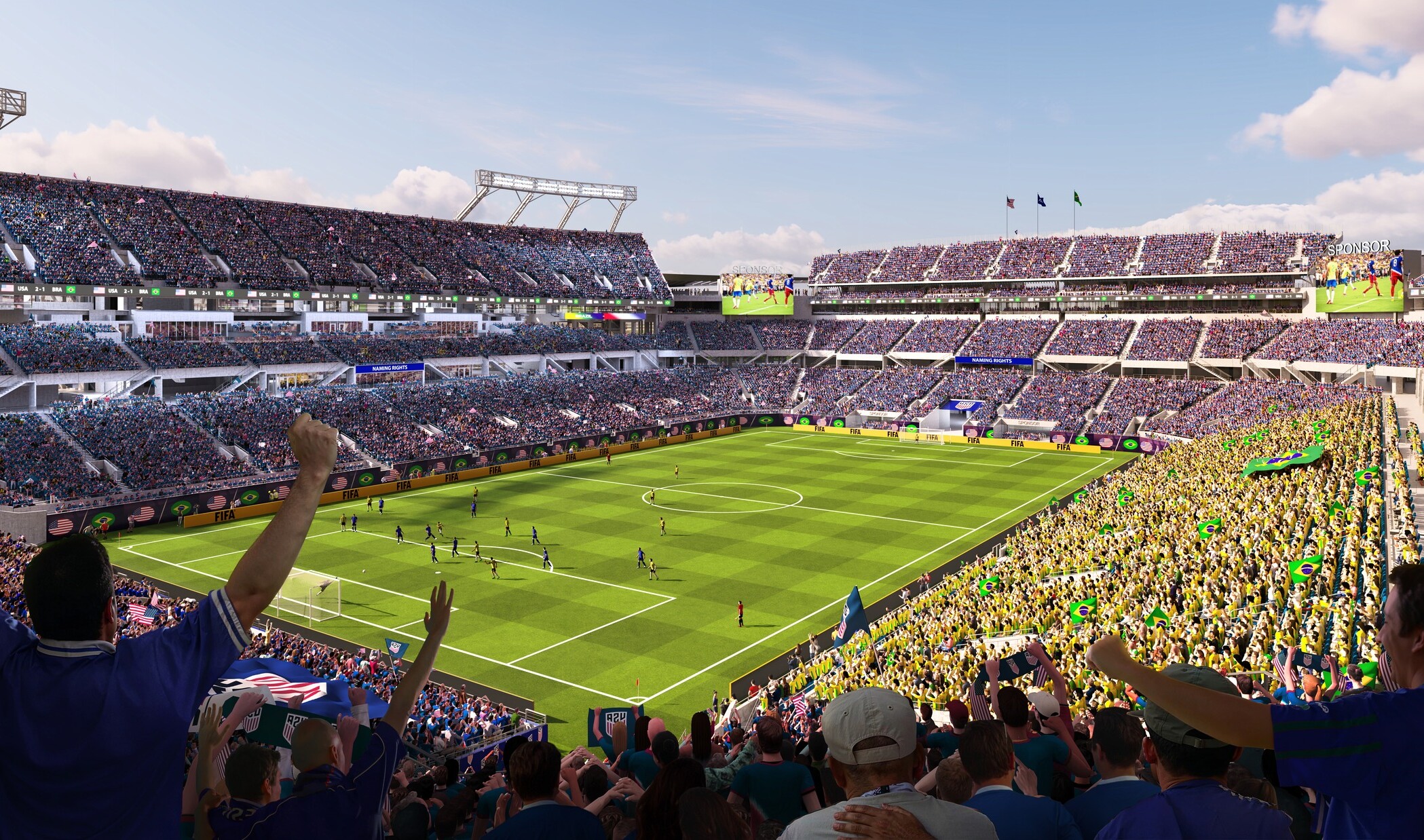 ): Interior view of a large soccer stadium filled with fans during a daytime match. The green field is surrounded by multiple tiers of seating packed with spectators wearing team colors