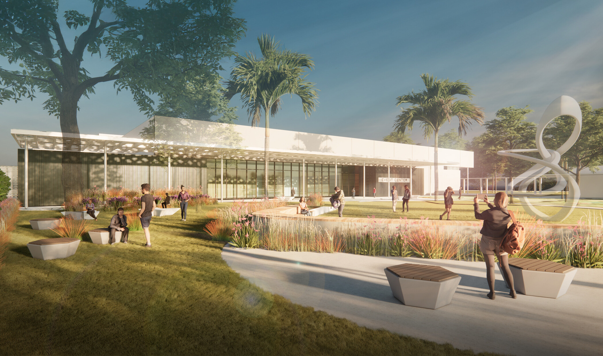 architectural rendering of the FAU Student Union Phase II Expansion; modern building with park and walking space in the foreground