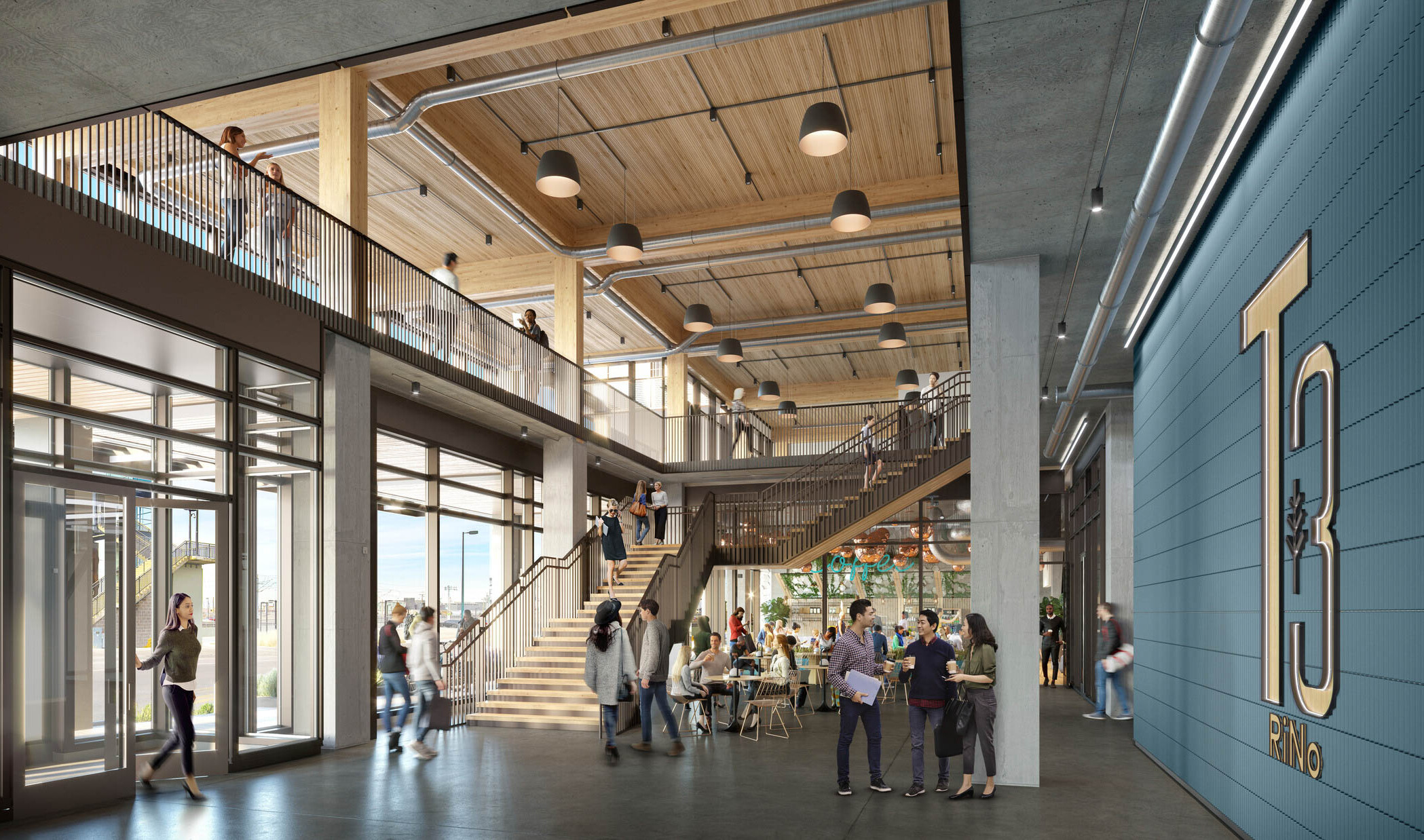 Grey panel wall with recessed T3 RiNo sign in double height wood and raw concrete atrium. Concrete columns below, wood above