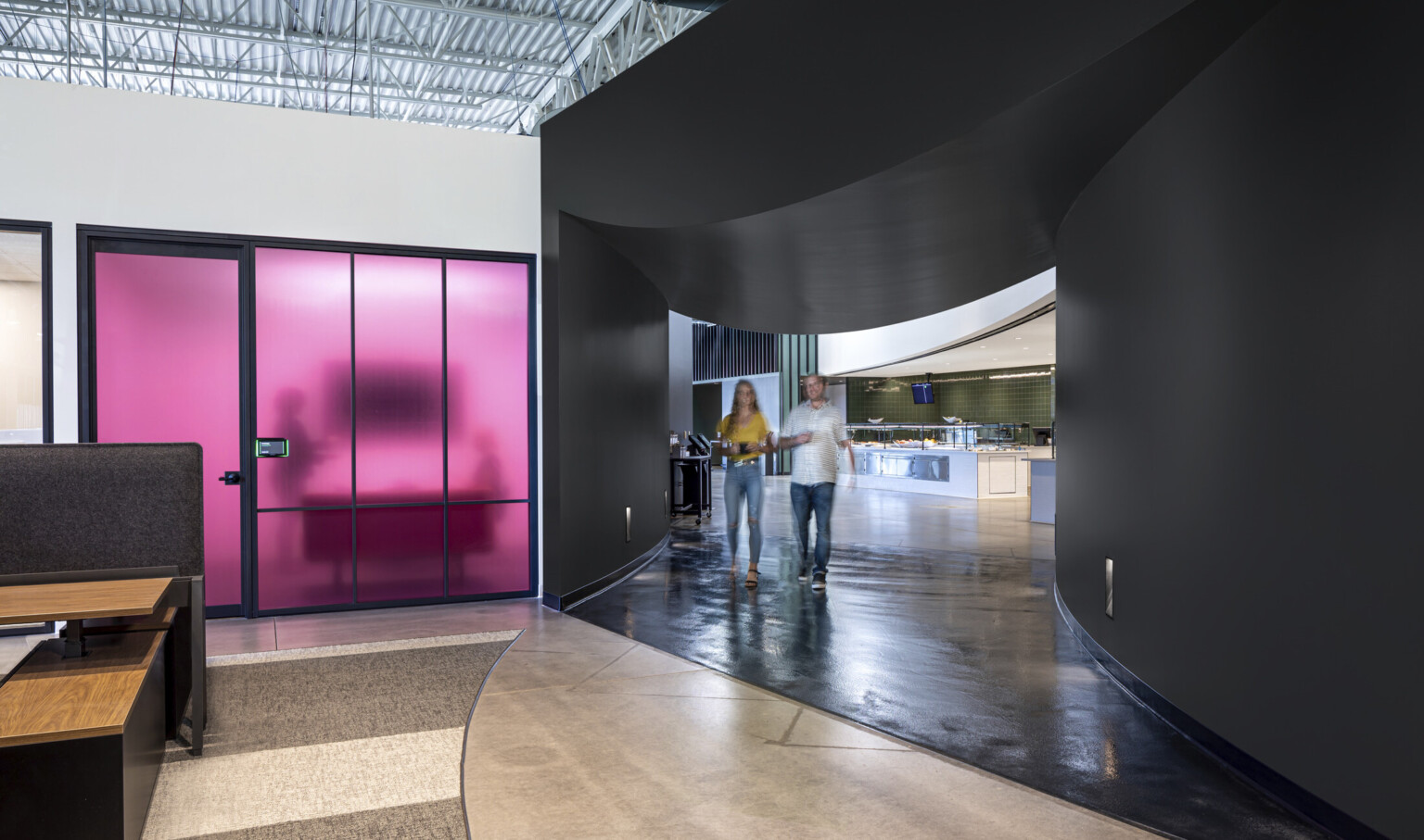 Black curved wall section with rounded dip in ceiling leading to dining. Left, translucent purple wall room below white wall Black curved wall section with rounded dip in ceiling leading to dining. Left, translucent purple wall room below white wall