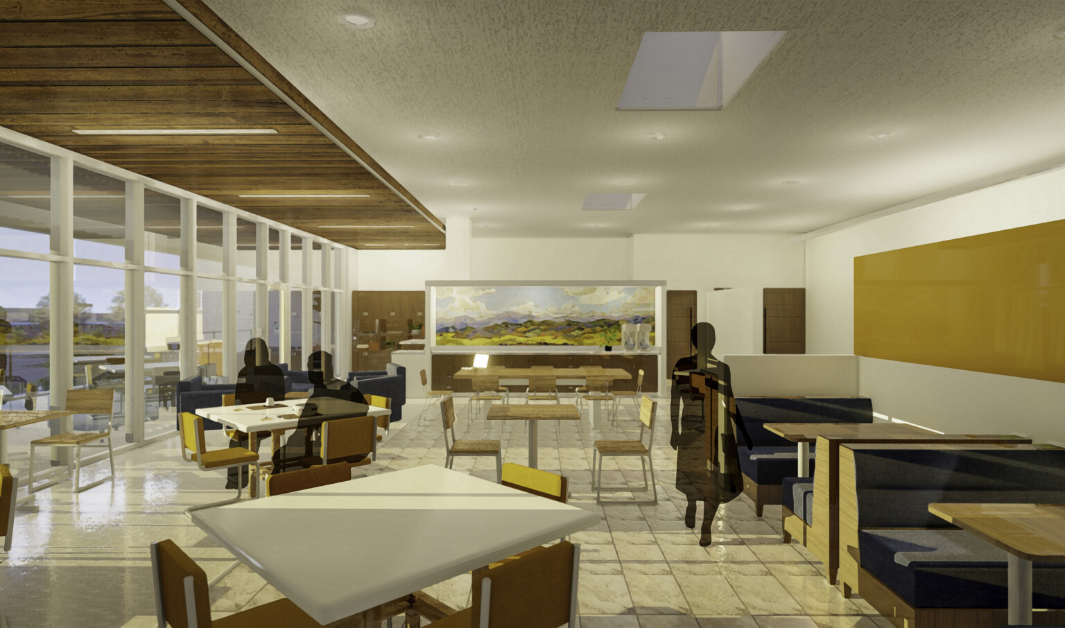 Larimer County Jail Improvement Rendering of dining space with mixed seating and large windows to nature Larimer County Jail Improvement Rendering of dining space with mixed seating and large windows to nature