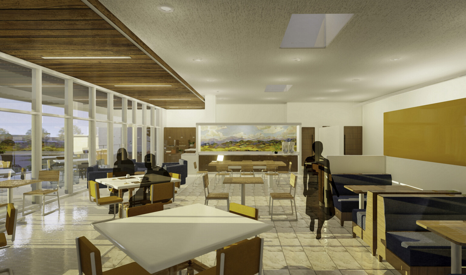 Larimer County Jail Improvement Rendering of dining space with mixed seating and large windows to nature