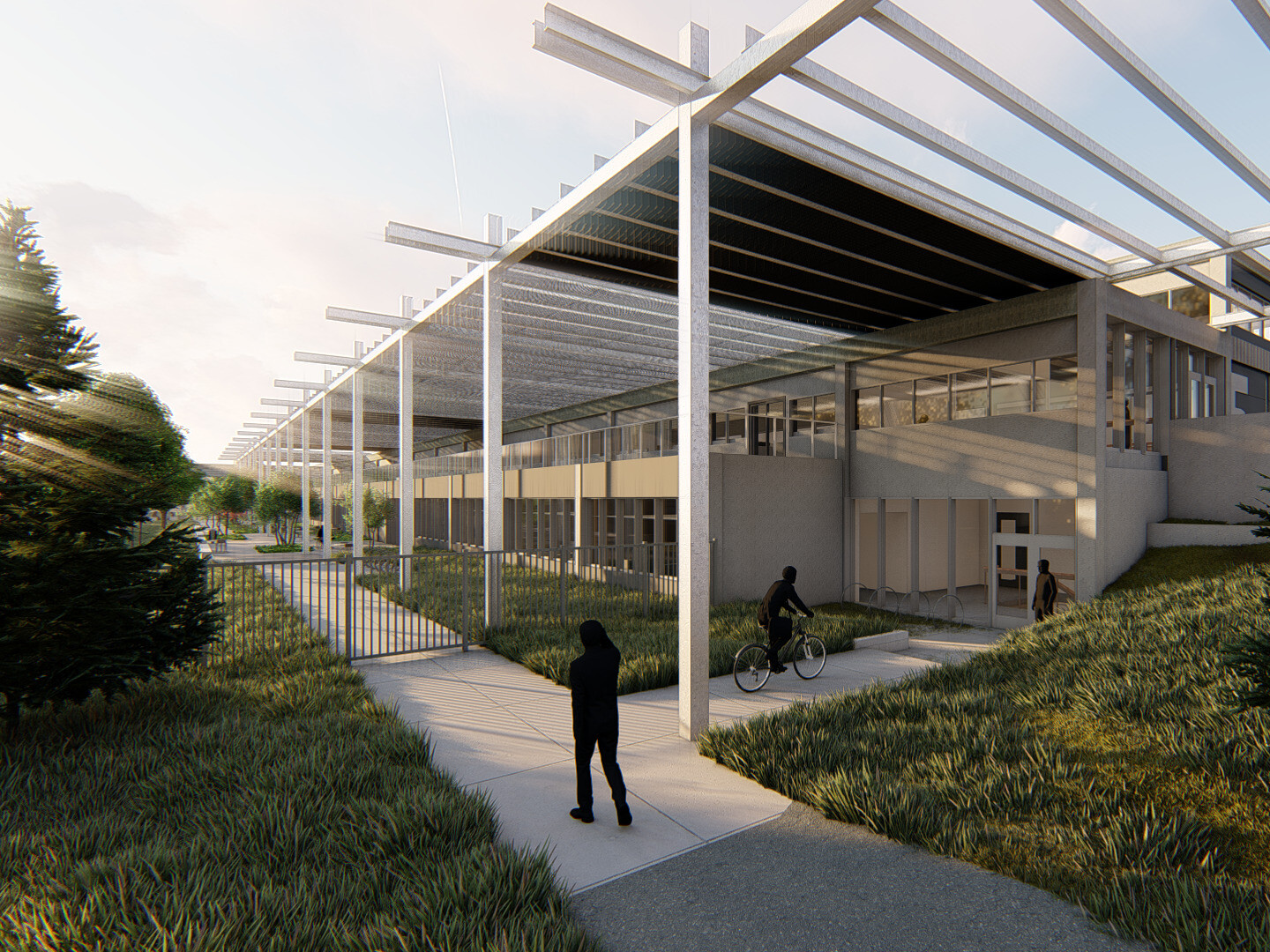 design rendering of a white building with stepped tiers and gates set back into a landscape with green lawn and pine trees. design rendering of a white building with stepped tiers and gates set back into a landscape with green lawn and pine trees.