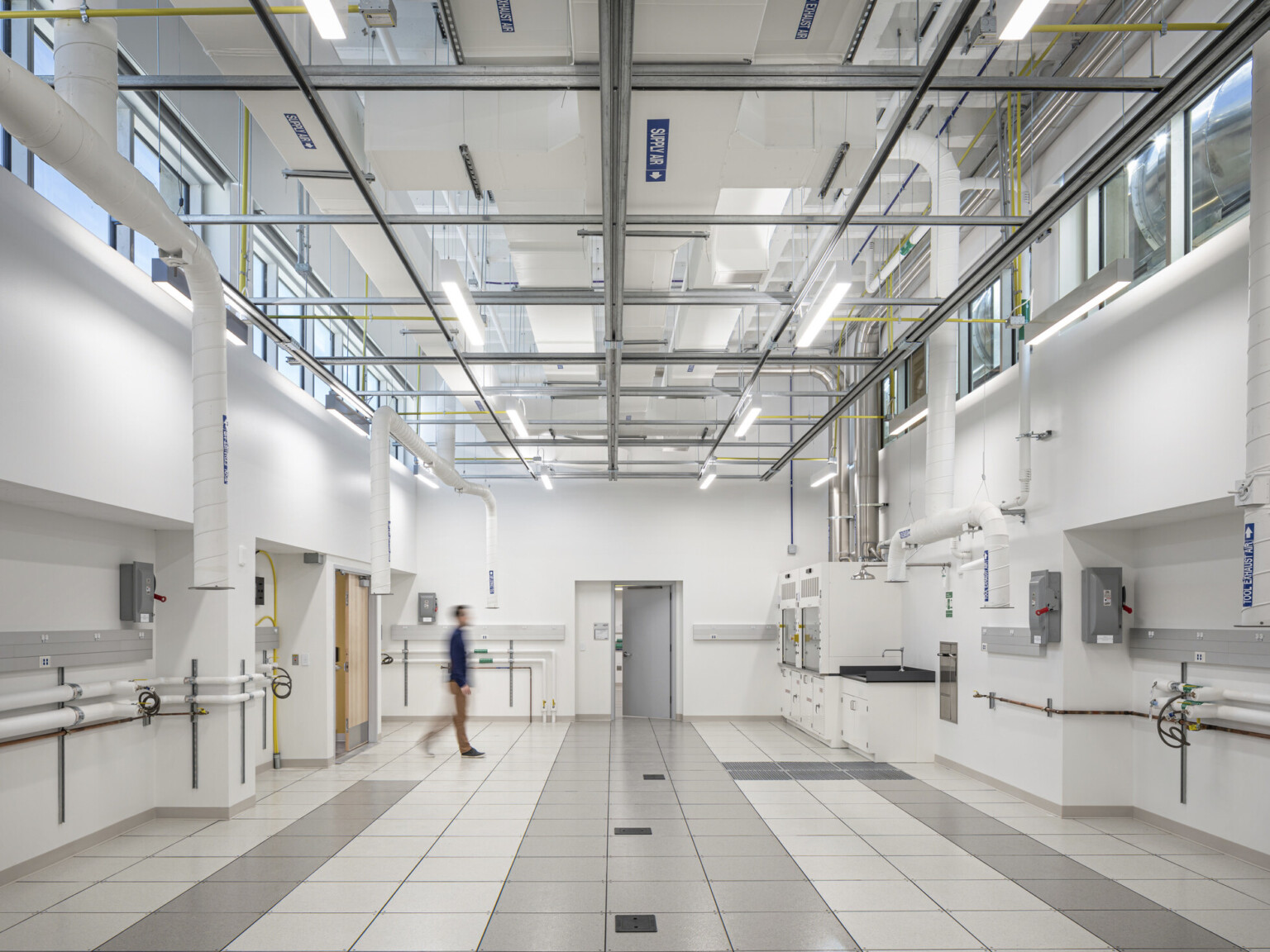 Crisp white clean lab space in National Institute of Standards and Technology overhead lighting and support systems