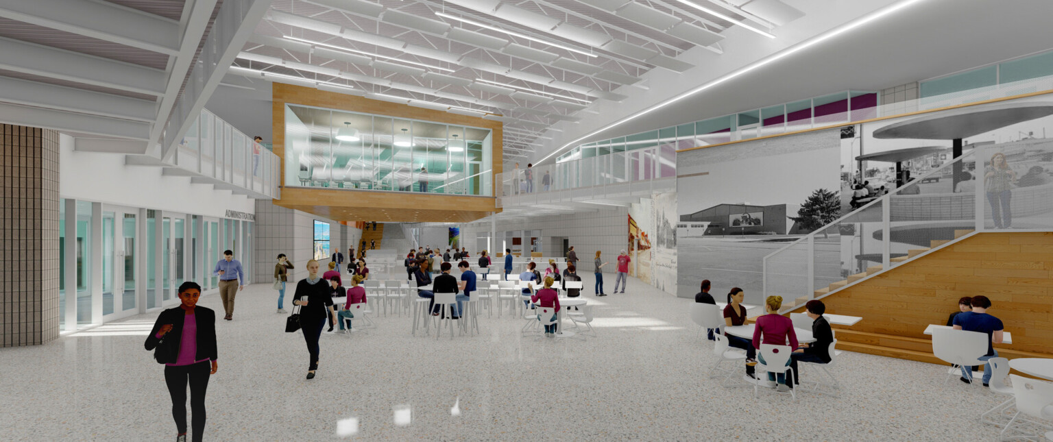 Interior design rendering of lobby, high ceilings, white walls and ceiling, light-colored travertine flooring, black and white photo mural on wall, floating second-floor glass-walled room with light wood, white seating and tables near staircase