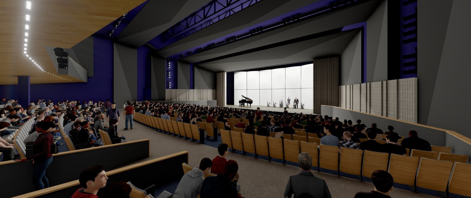 design rendering of theater, wooden partitions, grand piano, musicians onstage, people in light wood theater seats, sculptural ceiling lighting, orchestra pit, deep purple accent walls, stage curtain, overhead stage lighting