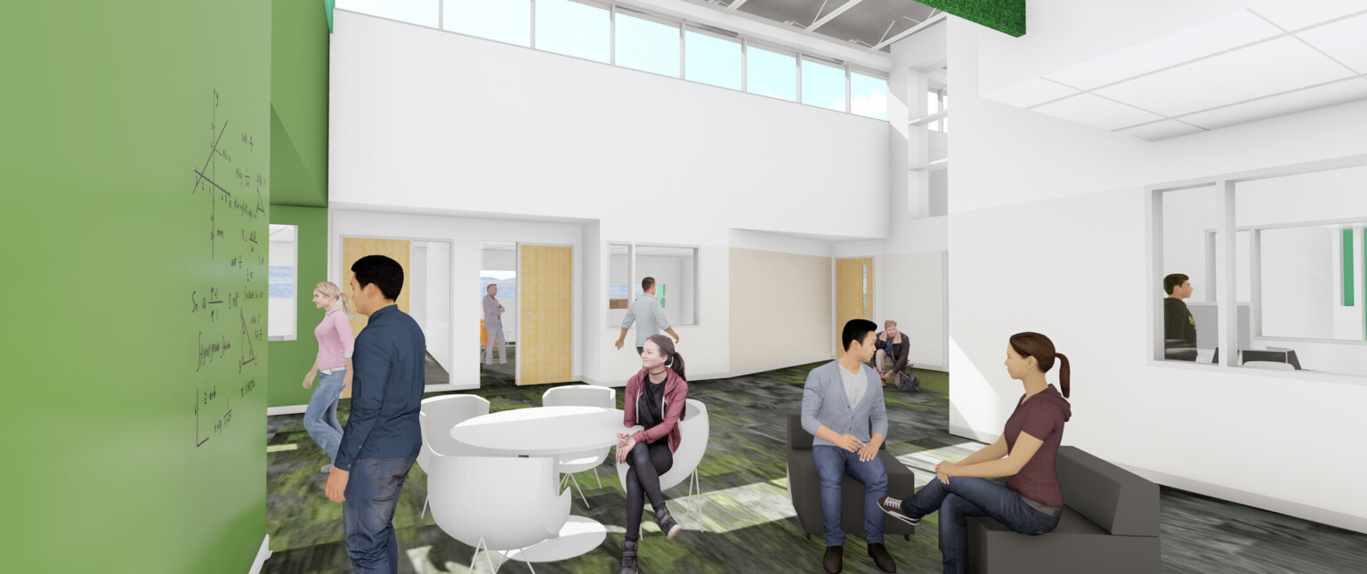 interior design concept for common area, high white ceilings, white walls, light wood doors, black and green graphic carpet, earthy green accent wall with whiteboard, clerestory windows people walking