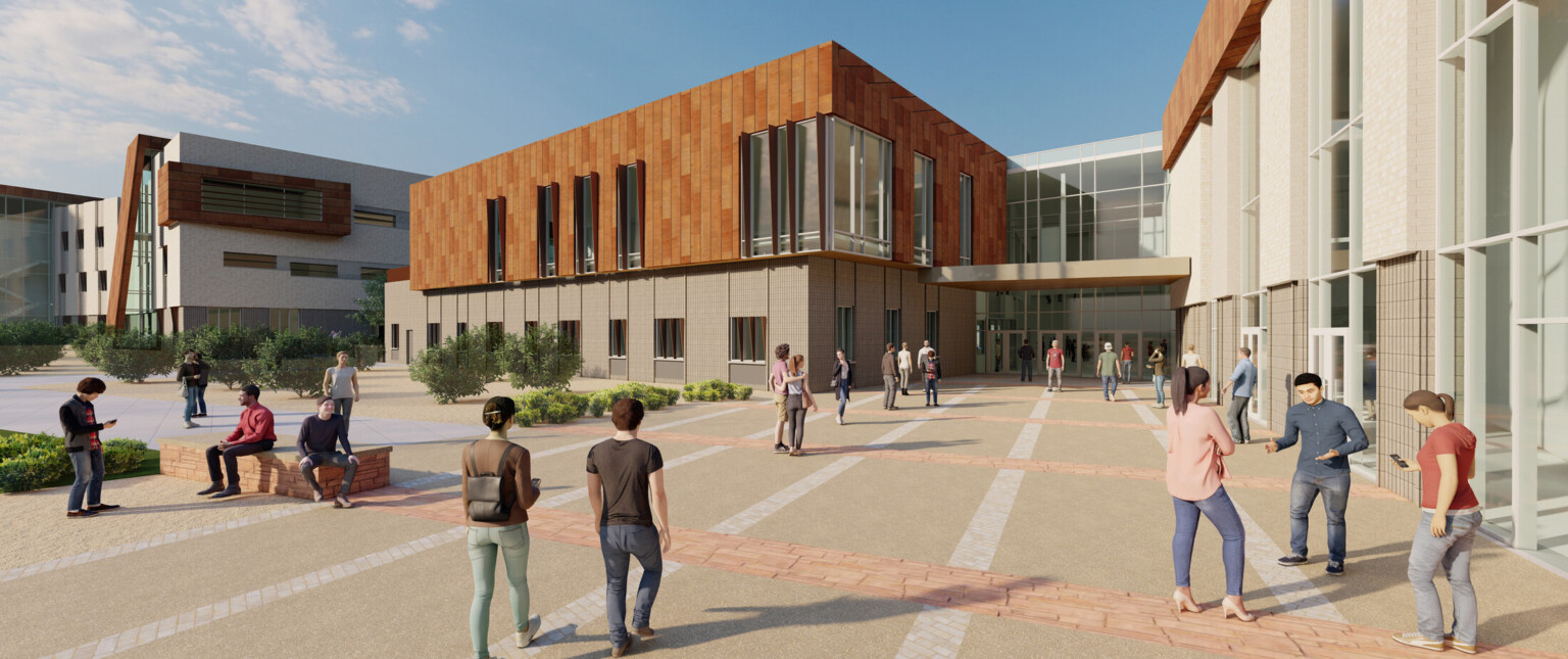 Exterior rendering from outdoor courtyard, main academy entrance, mass-timber façade, trees, outdoor seating area, people on pathway with pavers that lead to 4 academies, floor-to-ceiling and double-height windows