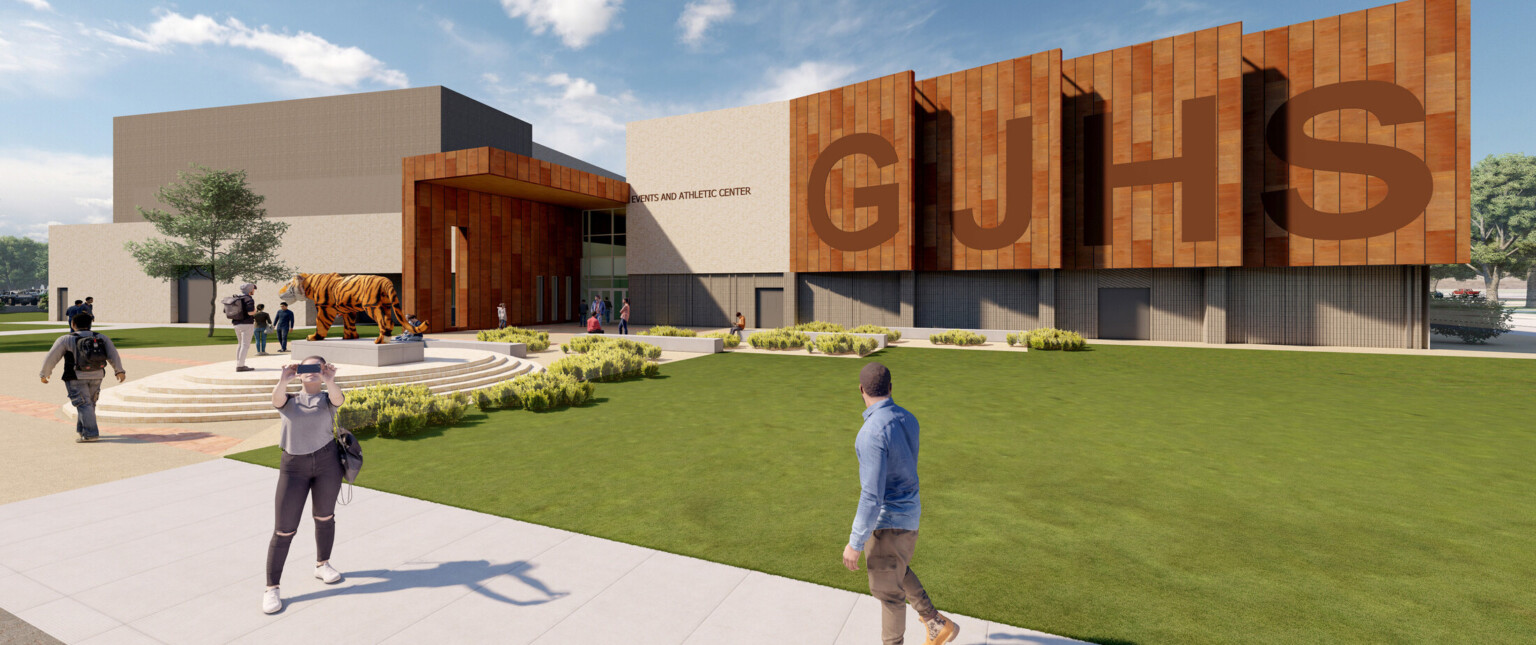 Exterior rendering of main academy entrance, mass-timber and brick façade, graphics, signage, large statue of tiger mascot, green space, landscaping, trees, people on pathway, blue skies