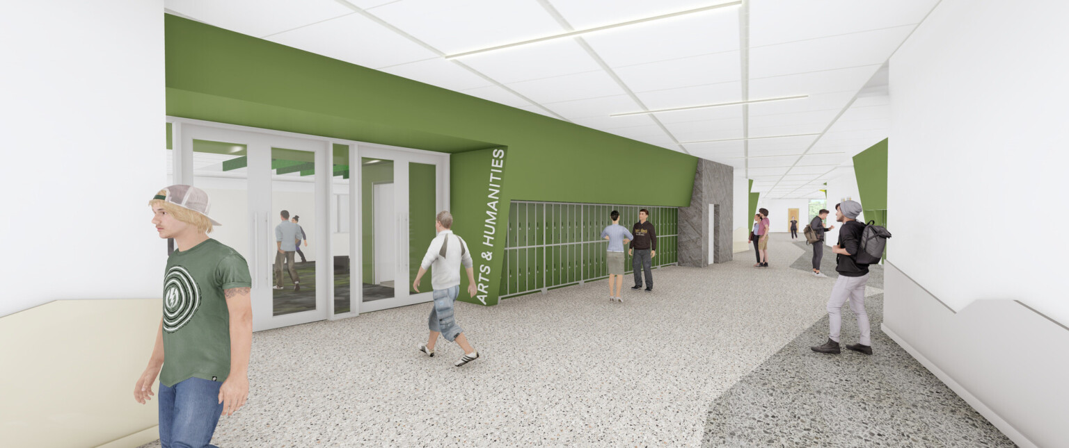 interior design rendering of hallway, high white ceilings, white walls, travertine flooring in light and dark grey, earthy green accent wall with storage lockers and signage, visible staircase, people walking