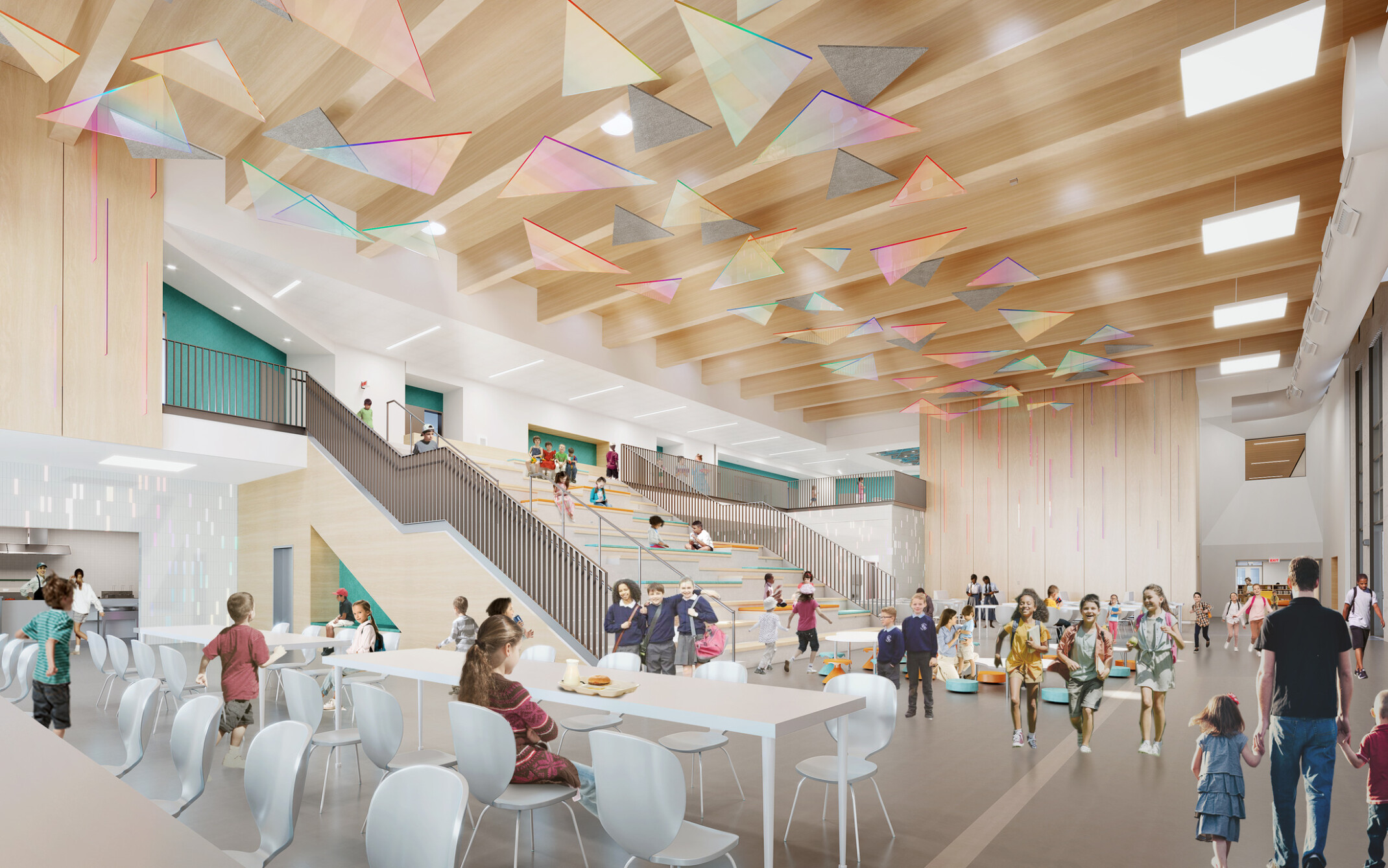 interior of entrance, high ceilings, ceiling has suspended glass triangles, stairs sectioned into climbing and seating areas, light wood ceiling beams and wall panels, teal accent walls, square skylights provide natural light for sense of well-being, people seated and walking