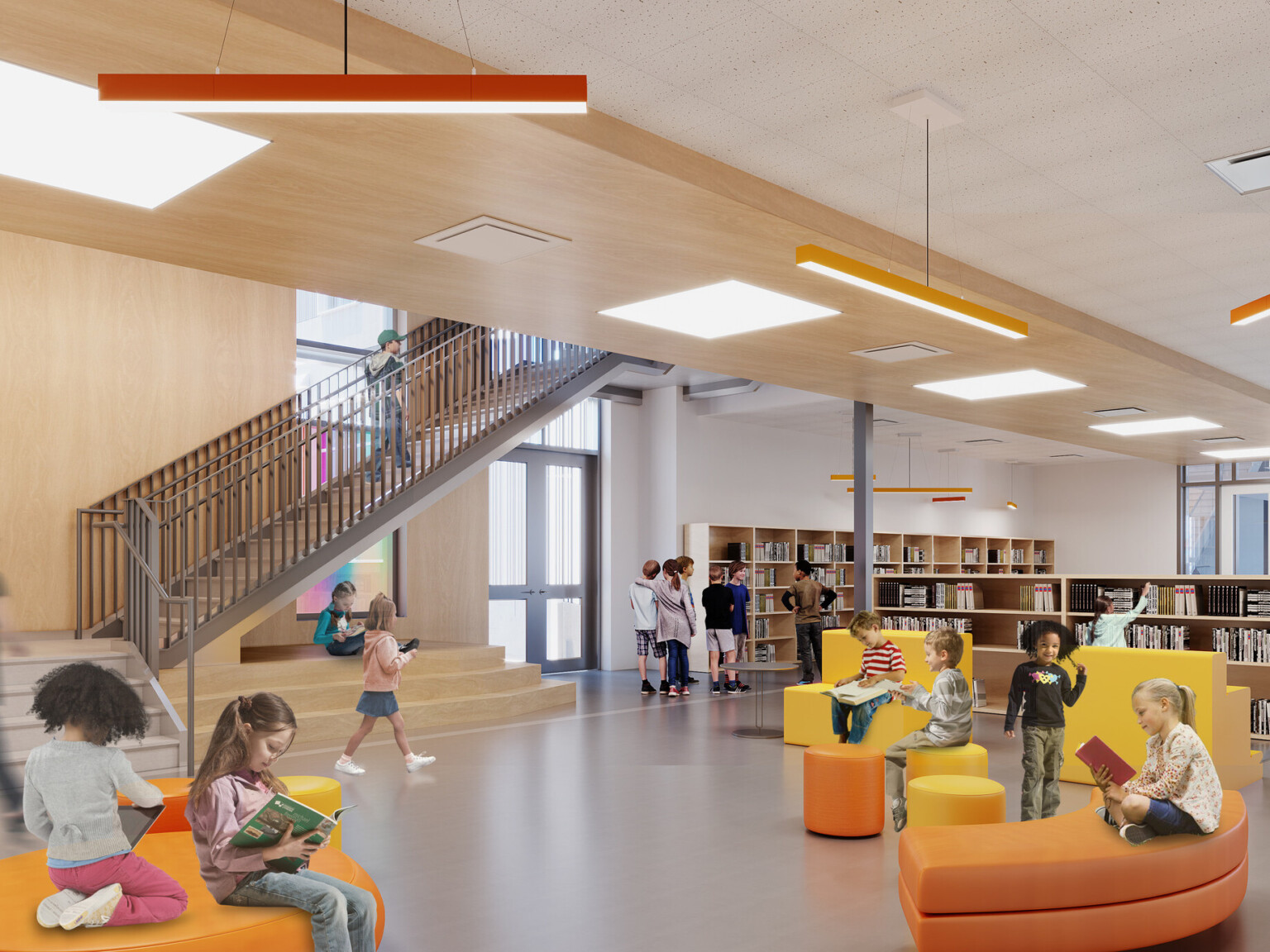 learning area with high ceilings, light wood paneled walls with yellow and orange ombre accent elements, light wood book shelves, polished concrete flooring, colorful seating, steel staircase leads to second floor
