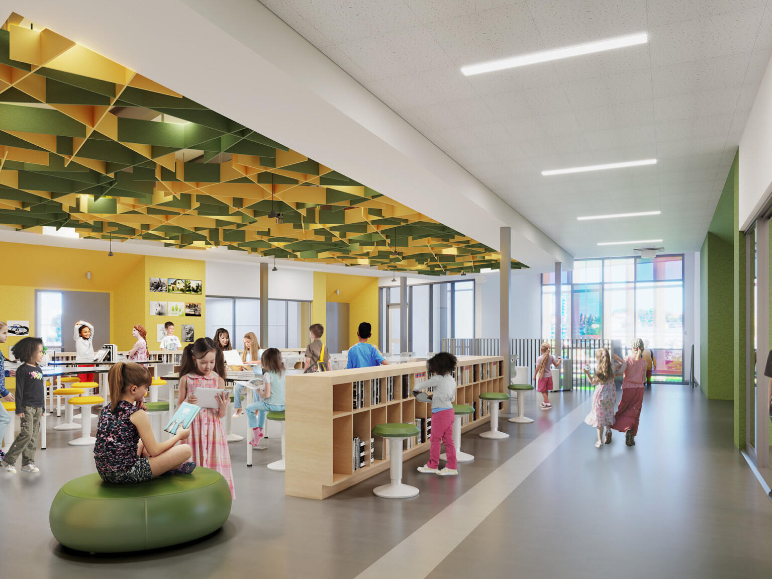 learning area with high ceilings, bright yellow and earthy green color scheme, low book shelves, geometric yellow and green ceiling sculpture, polished concrete flooring, colorful stools, beanbags and white boards throughout
