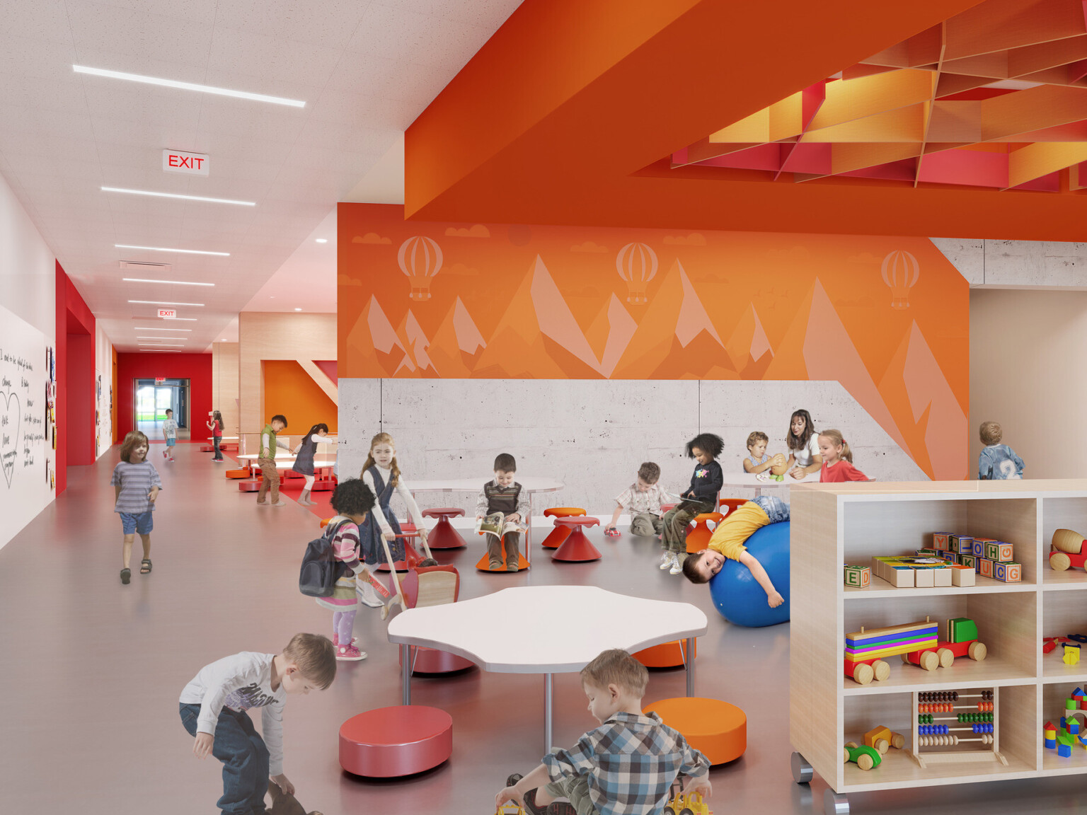 learning area with high ceilings, bright orange walls accented with painted air balloons, low book shelves, geometric orange ceiling sculpture, polished concrete flooring, colorful stools, beanbags and white boards throughout interior design and geometry elements support a sense of wonder for students to explore as they grow