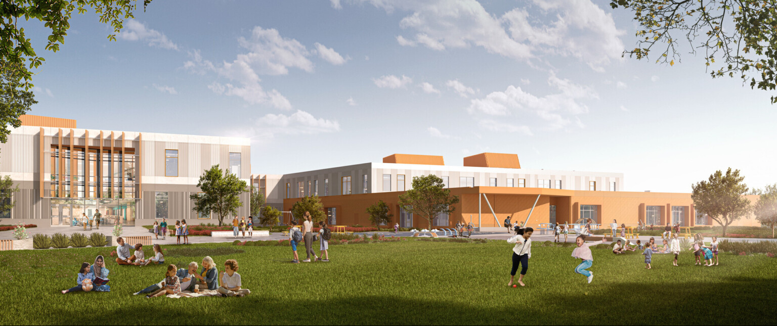 long-span exterior view of the building utilizes wood glulams and cross-laminated timber, terracotta and gray-toned concrete mimic surrounding mountains, perforated metal canopy provides shade from the south, wood beams, exposed deck provide biophilic elements within