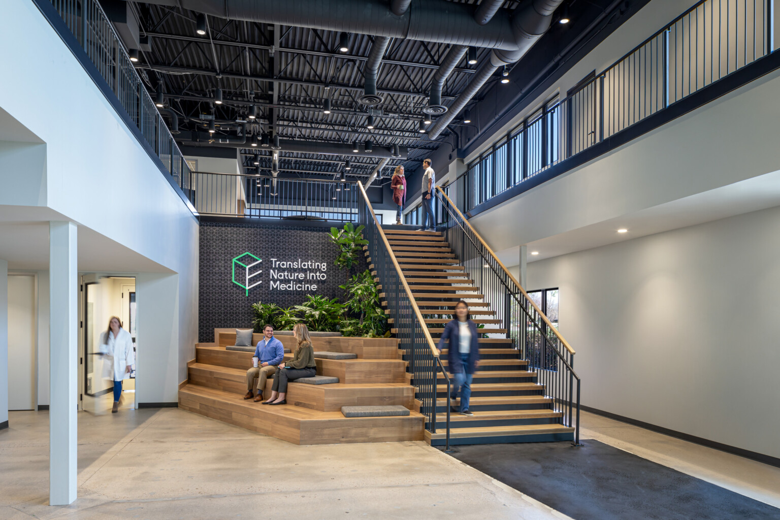 main entrance of a modern laboratory office building; feature staircase with seating built out below and to the left; indoor greenery and exposed structural elements