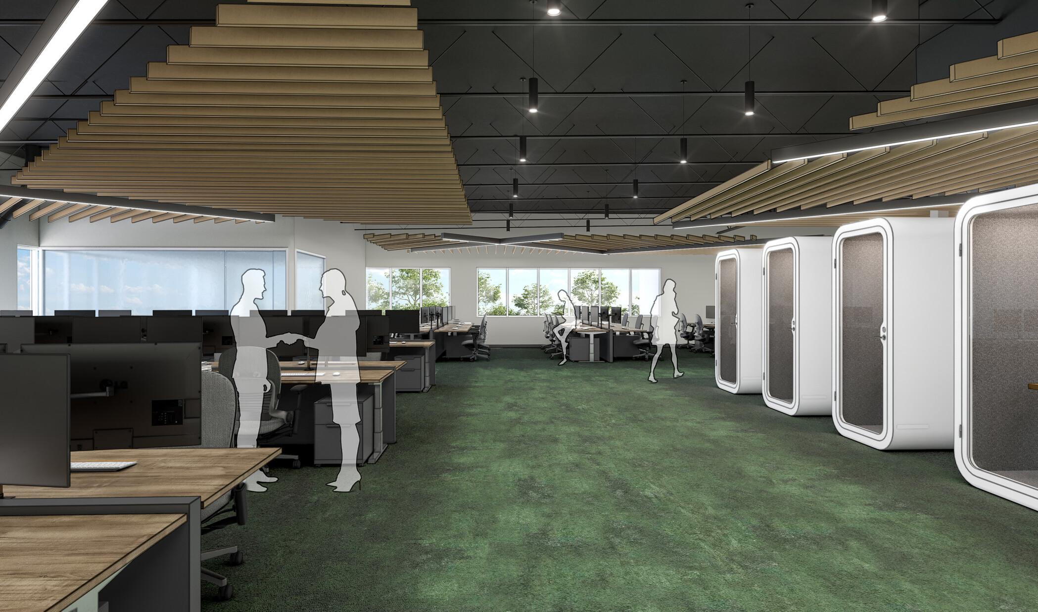 design concept for a workplace with phonebooth pods, green carpet, and wood desking