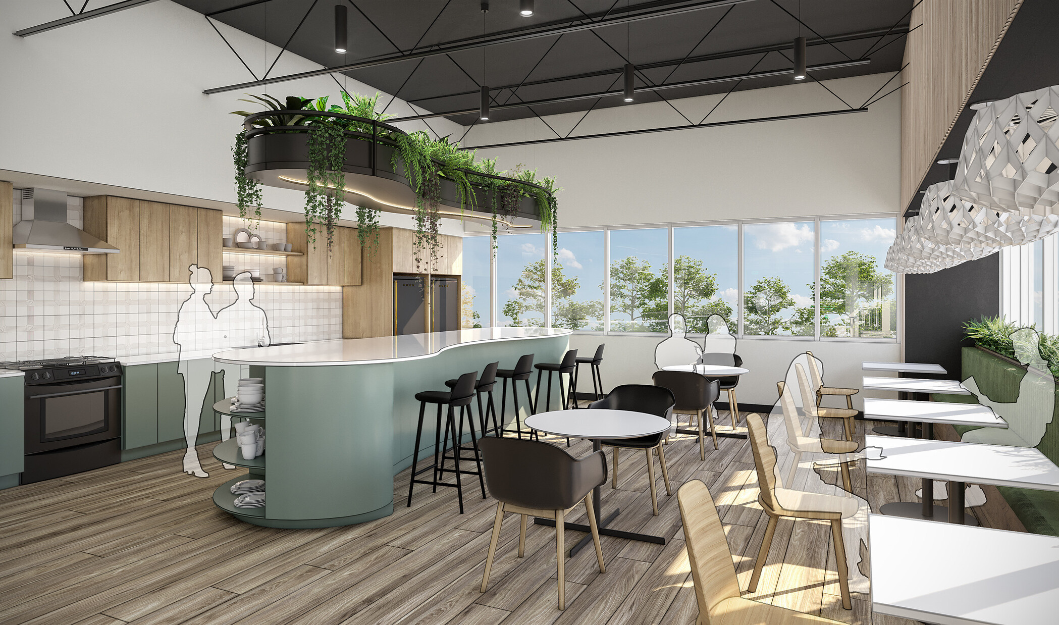 design concept for a cafe, wrapped in windows with greenery hanging over an oblong shaped island, wood and natural materials throughout