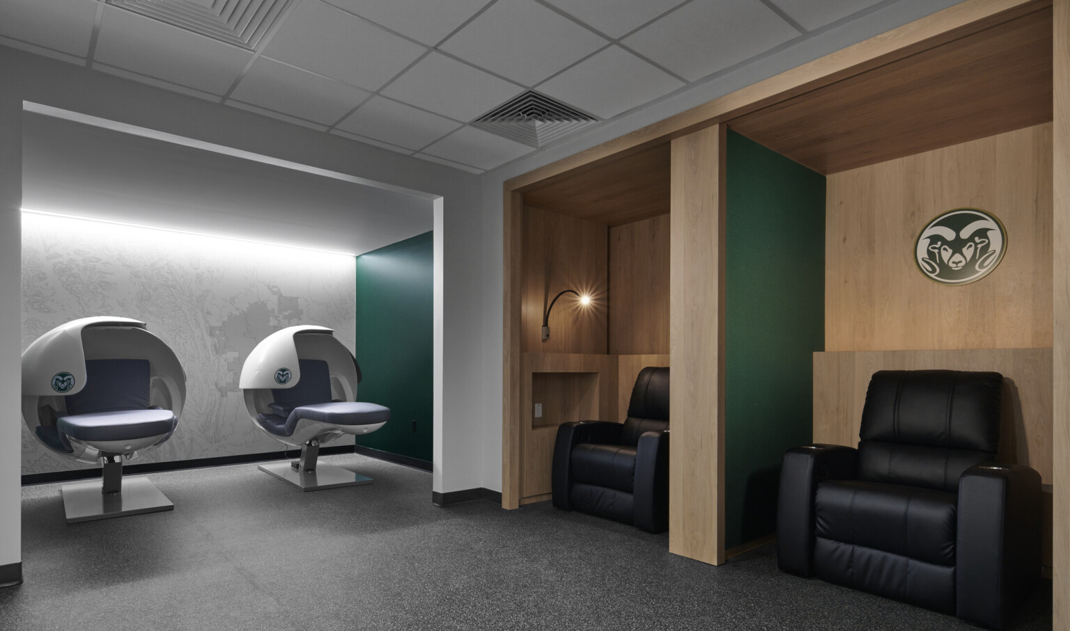 Rest and recovery pods in Colorado State University Moby Arena’s renovated locker room suites Rest and recovery pods in Colorado State University Moby Arena’s renovated locker room suites