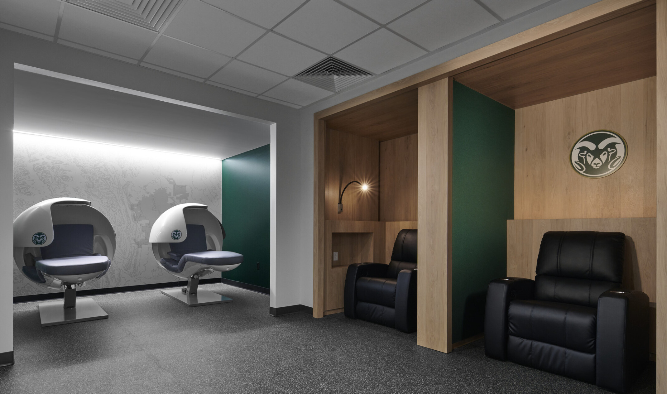 Rest and recovery pods in Colorado State University Moby Arena’s renovated locker room suites