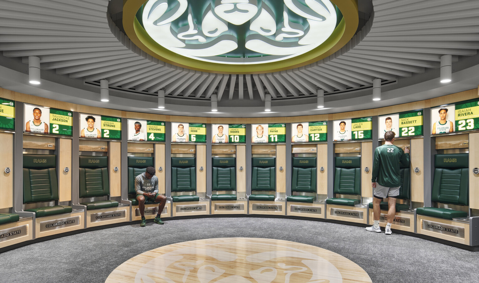 team branding, large Rams logo emblem adorns the ceiling, personalized lockers for the athletes with illuminated picture and jersey numbers of each athletes locker with private seating team branding, large Rams logo emblem adorns the ceiling, personalized lockers for the athletes with illuminated picture and jersey numbers of each athletes locker with private seating