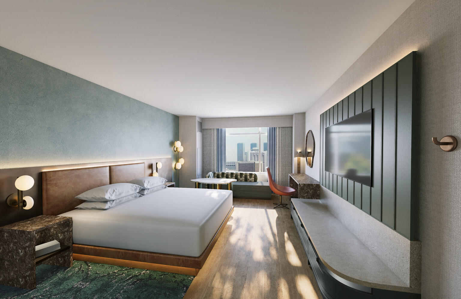 modern hotel room with green wall accents; king bed and window overlooking denver