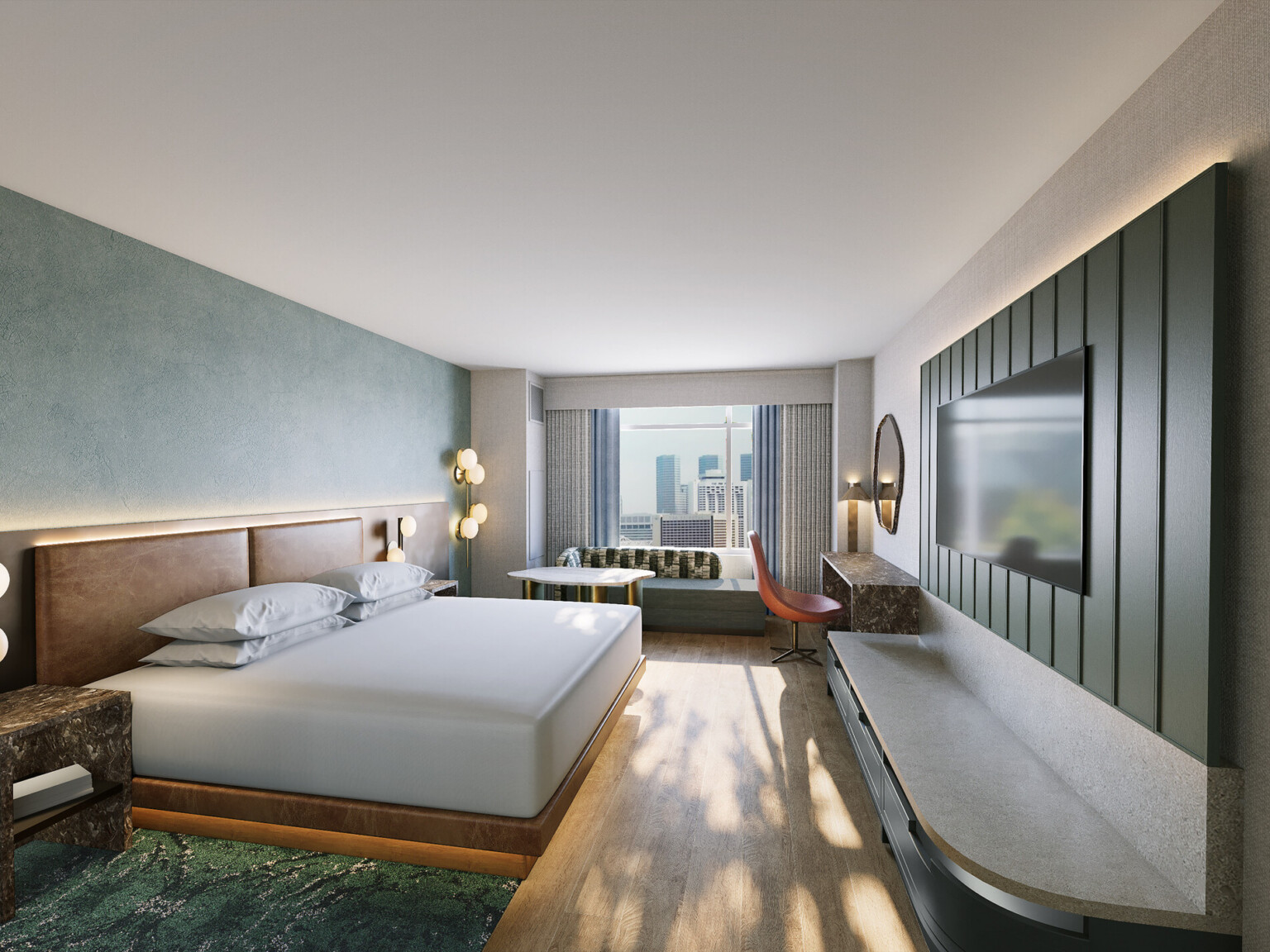 modern hotel room with green wall accents; king bed and window overlooking denver