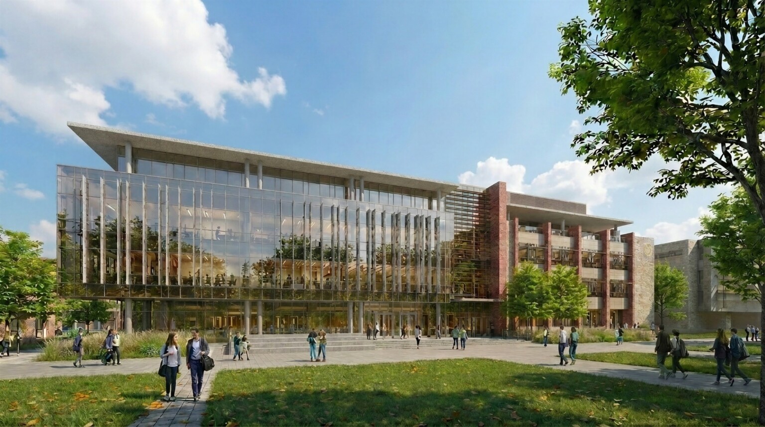 exterior rendering of Colorado State University Engineering Future Technologies Building; large modern floor to ceiling window facade; with campus green space in foreground