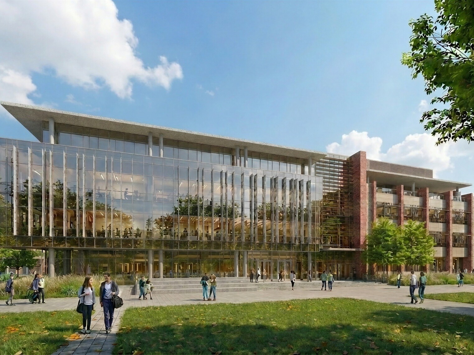 exterior rendering of Colorado State University Engineering Future Technologies Building; large modern floor to ceiling window facade; with campus green space in foreground
