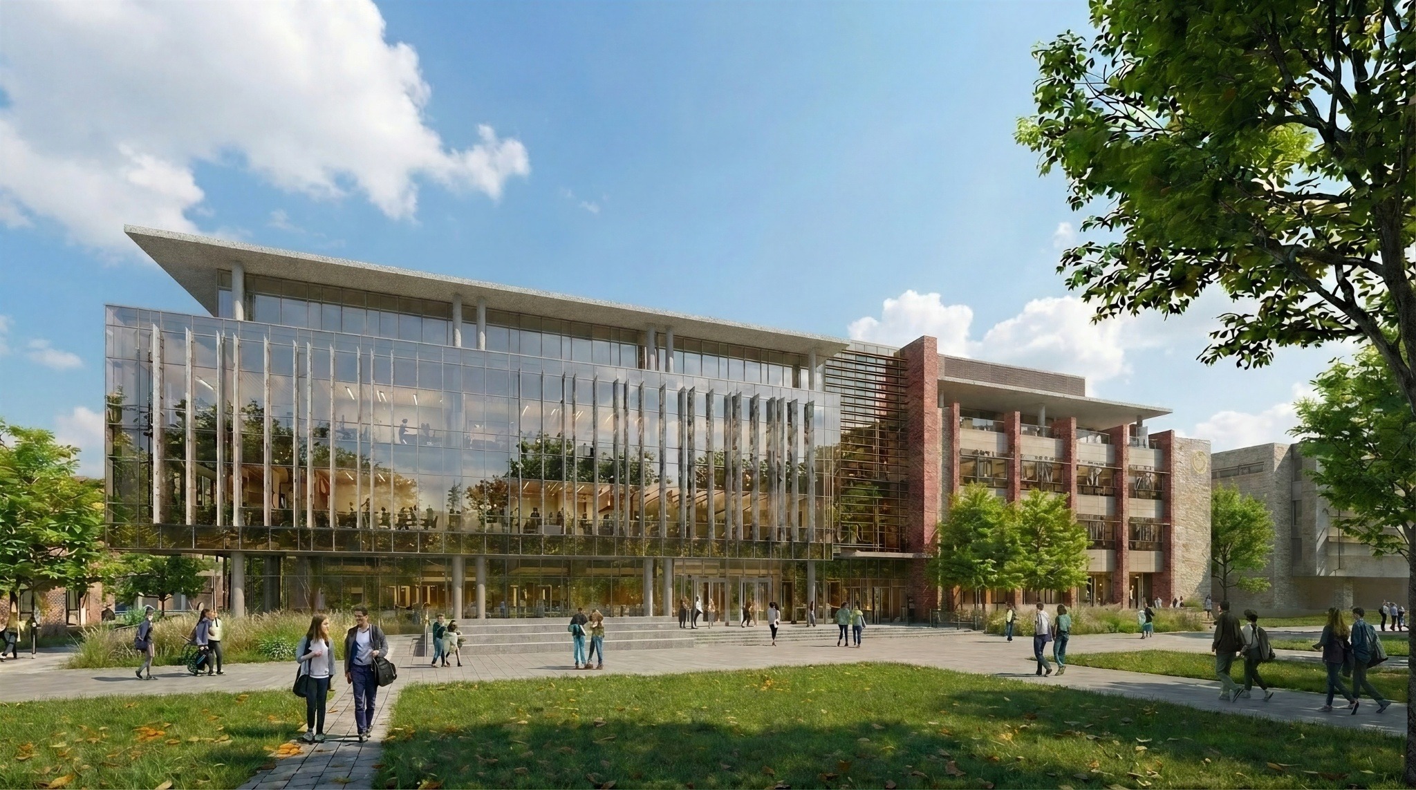 exterior rendering of Colorado State University Engineering Future Technologies Building; large modern floor to ceiling window facade; with campus green space in foreground