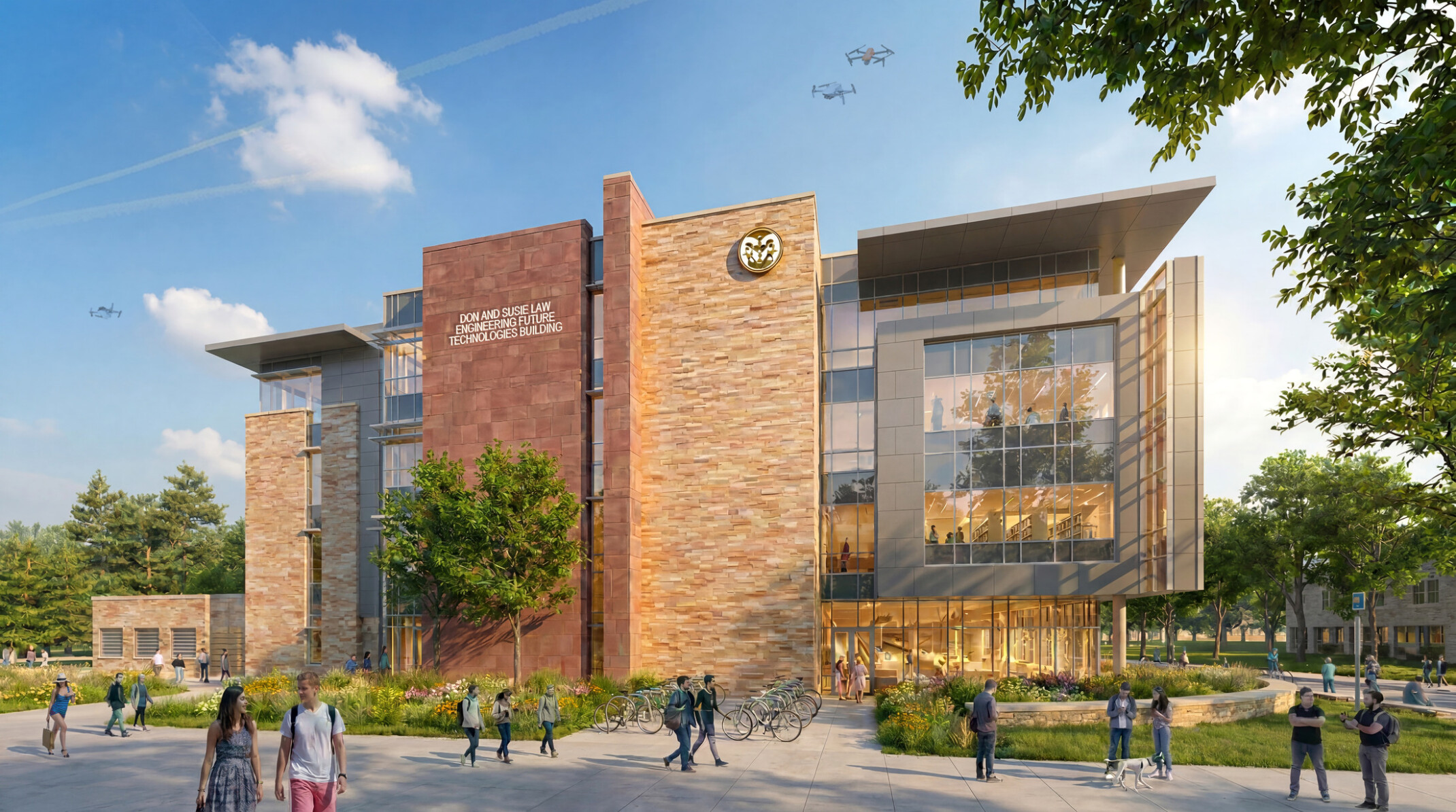 exterior rendering of Colorado State University Engineering Future Technologies Building; large modern floor to ceiling window facade; with campus green space in foreground