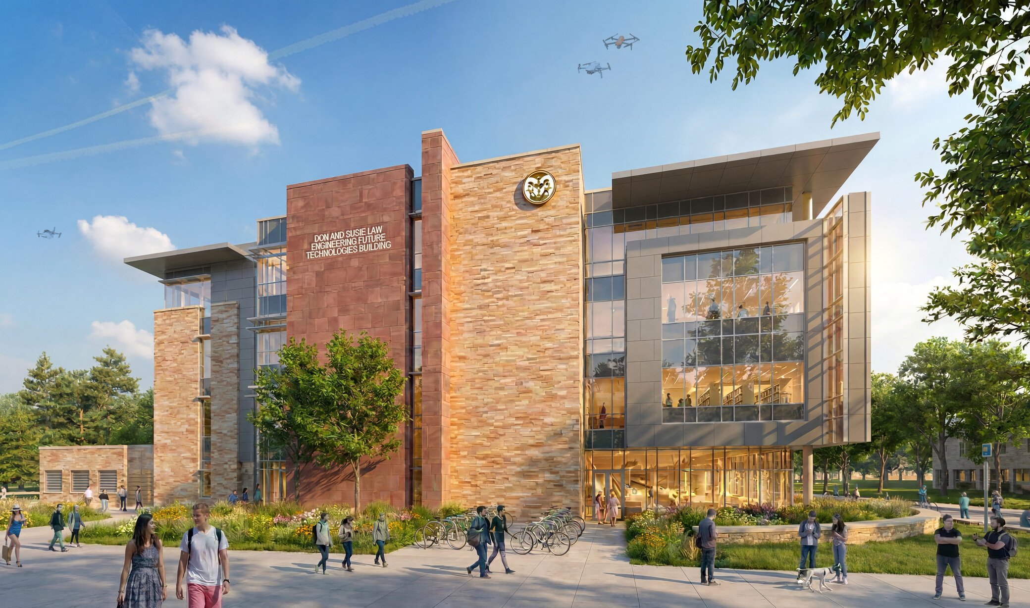 exterior rendering of Colorado State University Engineering Future Technologies Building; large modern floor to ceiling window facade; with campus green space in foreground