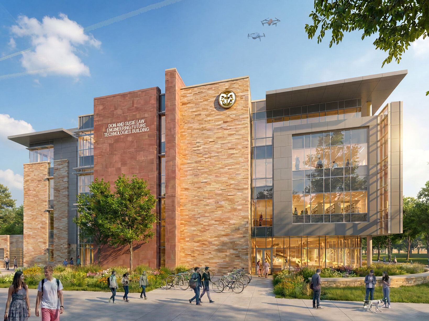 exterior rendering of Colorado State University Engineering Future Technologies Building; large modern floor to ceiling window facade; with campus green space in foreground