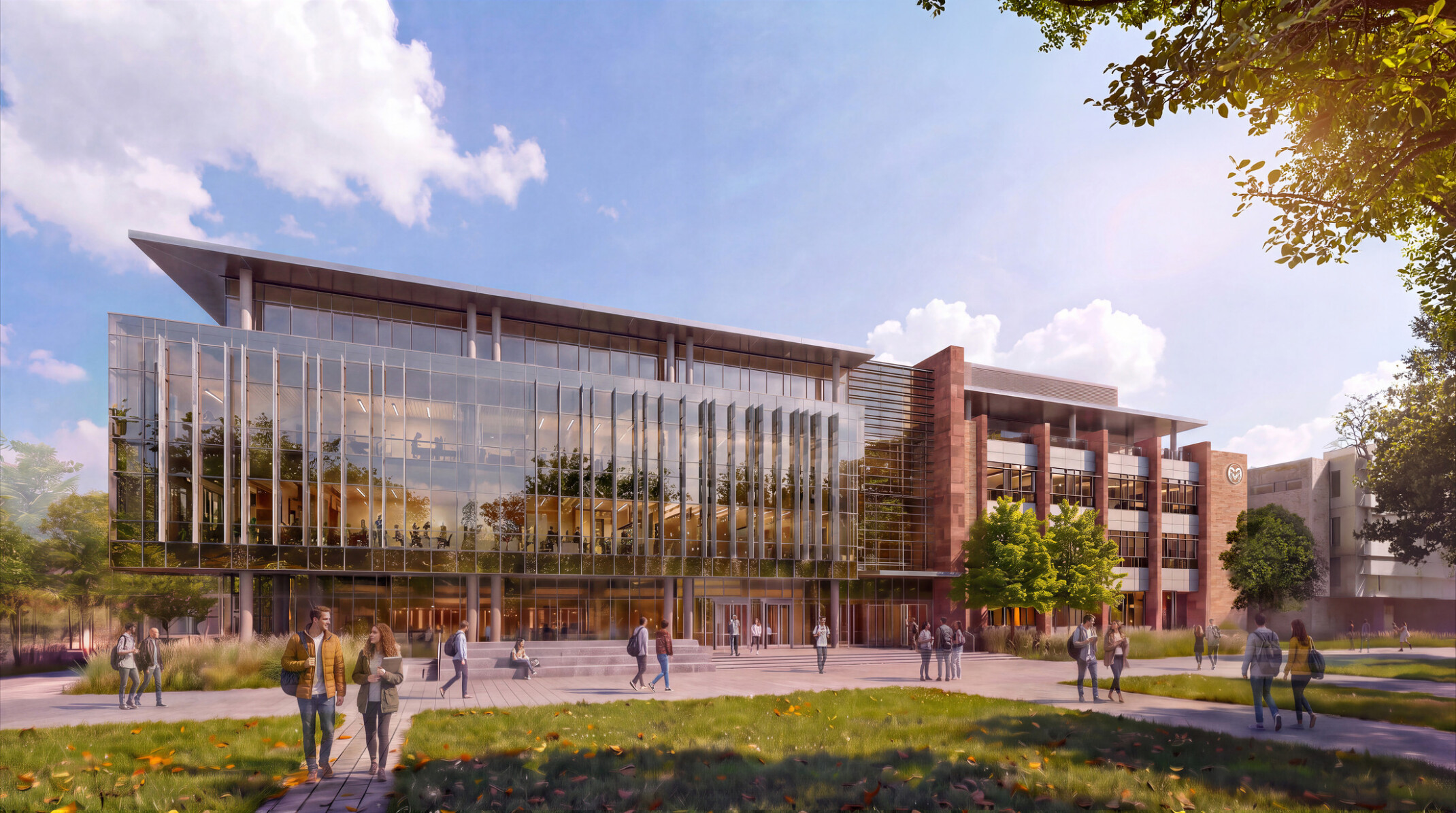 exterior rendering of Colorado State University Engineering Future Technologies Building; large modern floor to ceiling window facade; with campus green space in foreground
