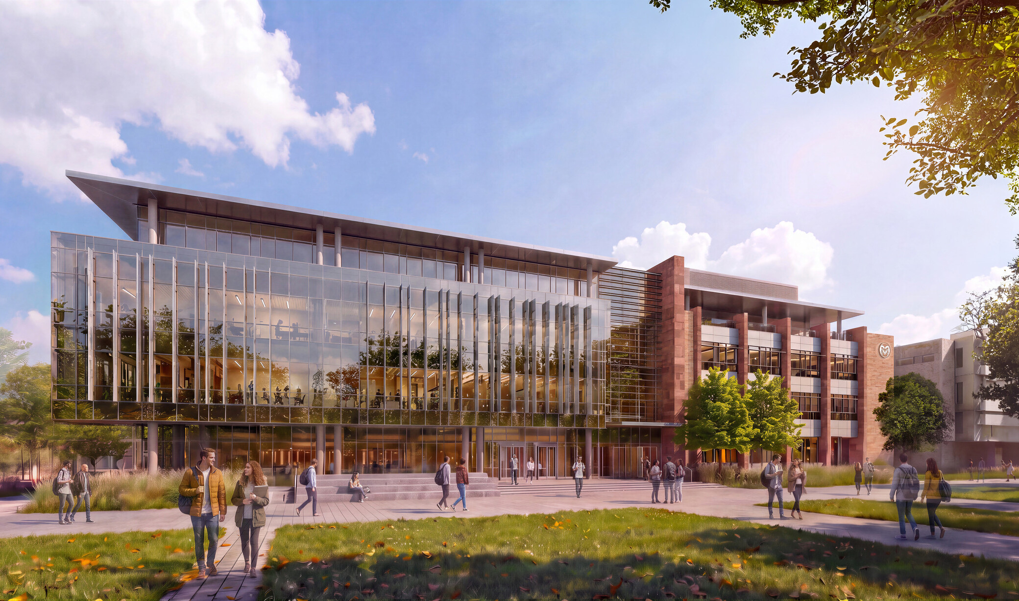 exterior rendering of Colorado State University Engineering Future Technologies Building; large modern floor to ceiling window facade; with campus green space in foreground